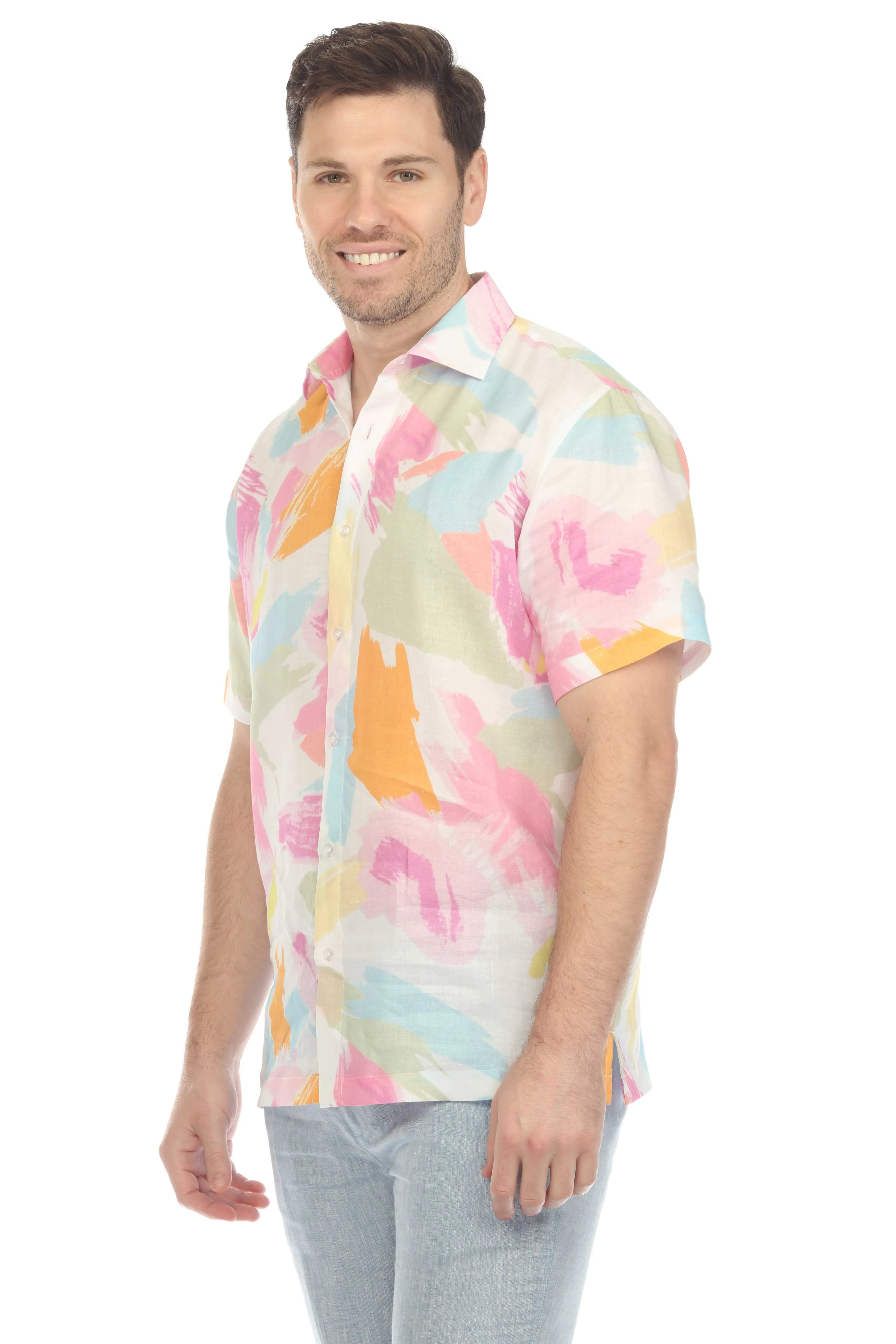 100% Linen Short Sleeve Pastel Abstract Print Shirt