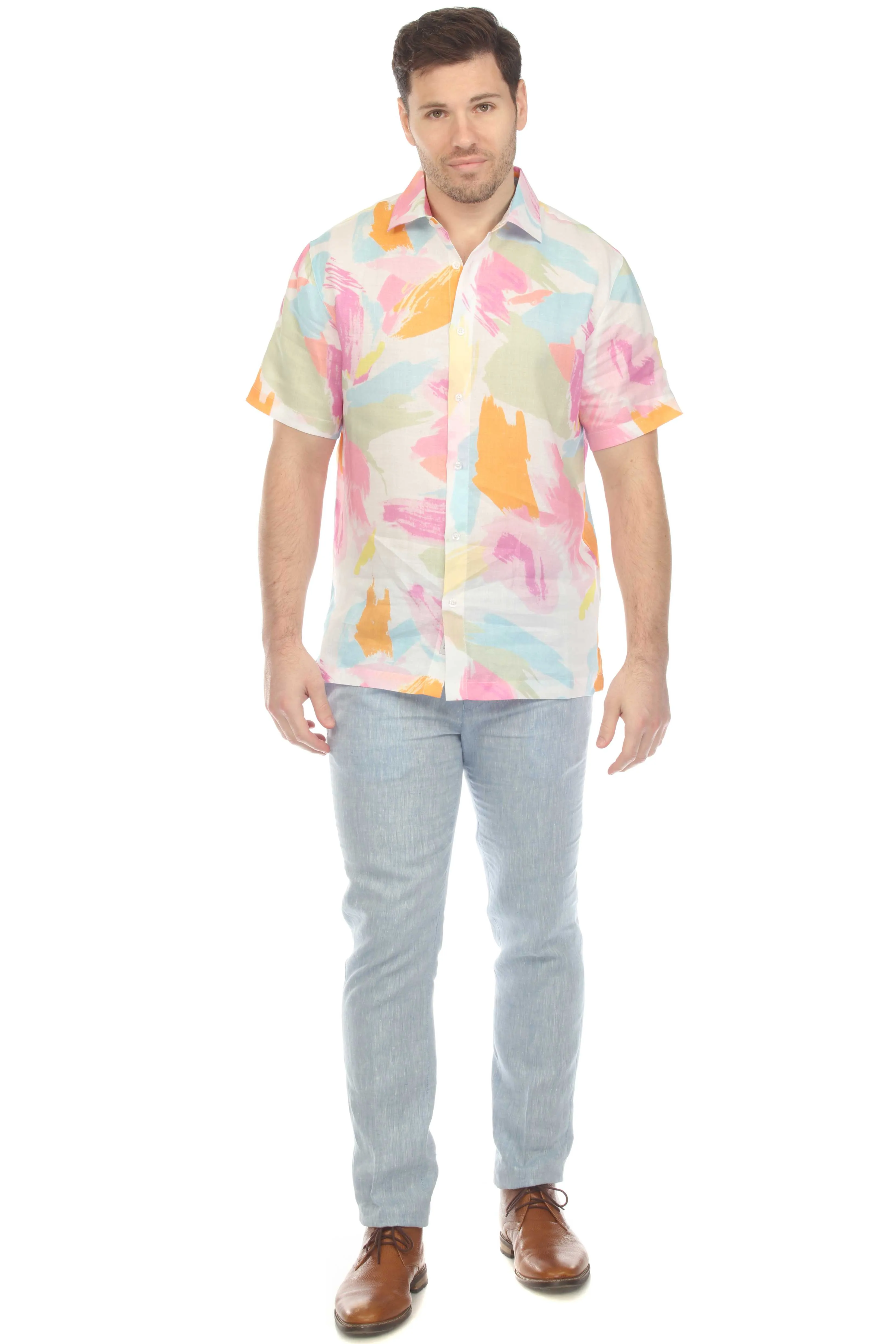 100% Linen Short Sleeve Pastel Abstract Print Shirt