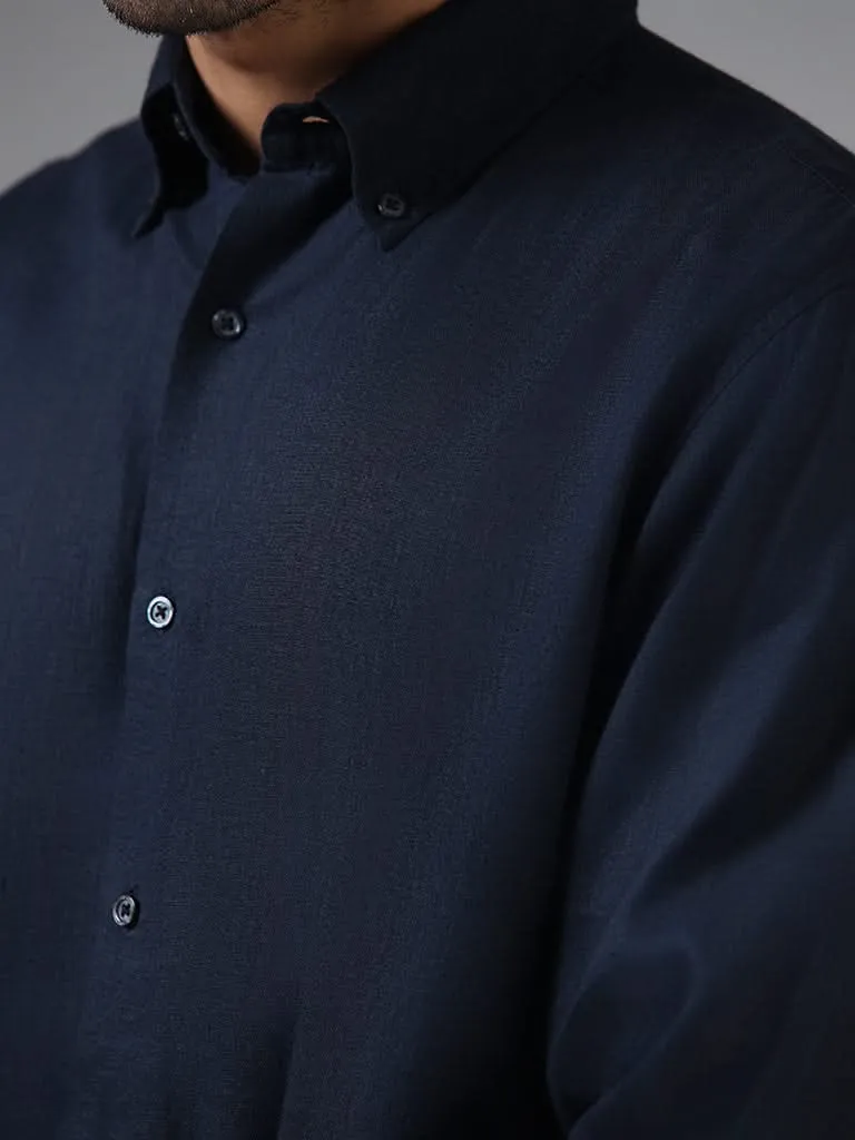 Ascot Solid Navy Relaxed-Fit Linen Shirt