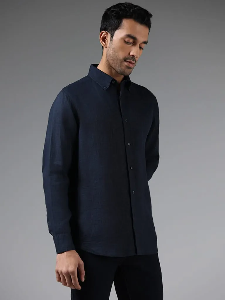 Ascot Solid Navy Relaxed-Fit Linen Shirt