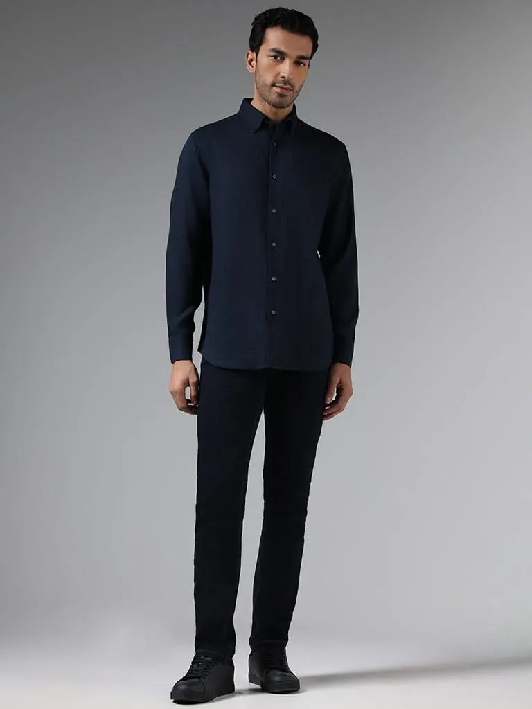 Ascot Solid Navy Relaxed-Fit Linen Shirt