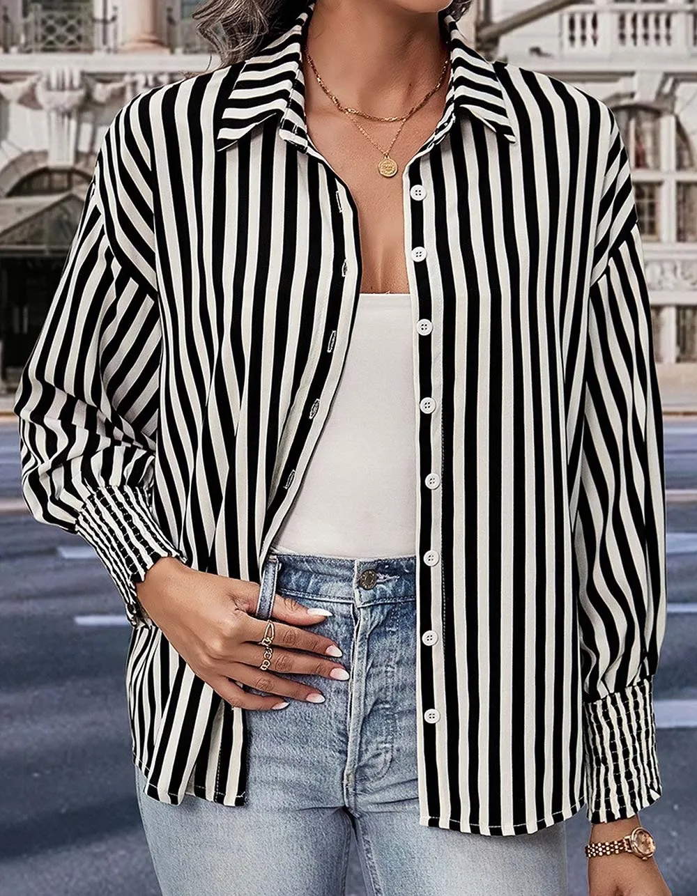 Black and White Striped Lapel Button Front Long Sleeve Shirt