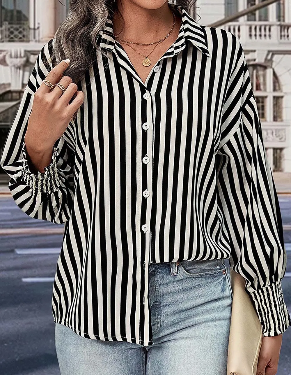 Black and White Striped Lapel Button Front Long Sleeve Shirt