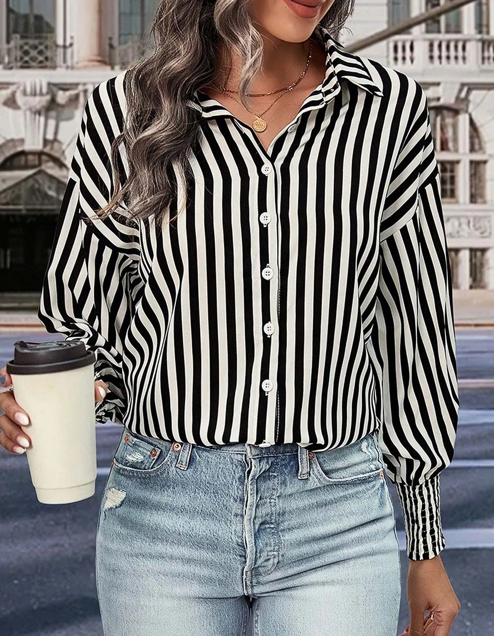 Black and White Striped Lapel Button Front Long Sleeve Shirt