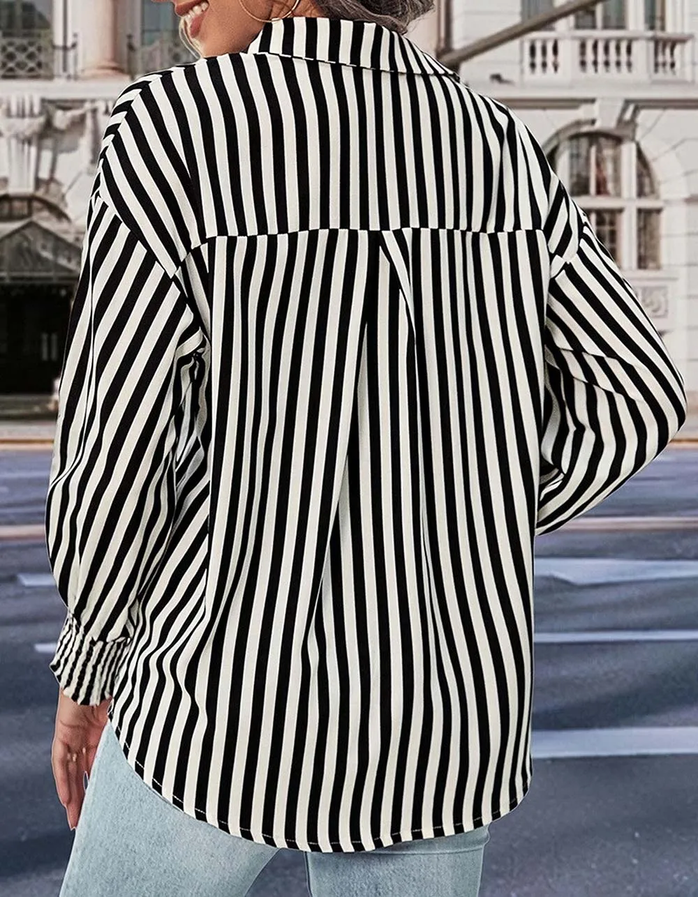 Black and White Striped Lapel Button Front Long Sleeve Shirt