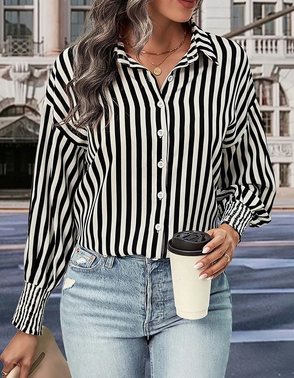 Black and White Striped Lapel Button Front Long Sleeve Shirt