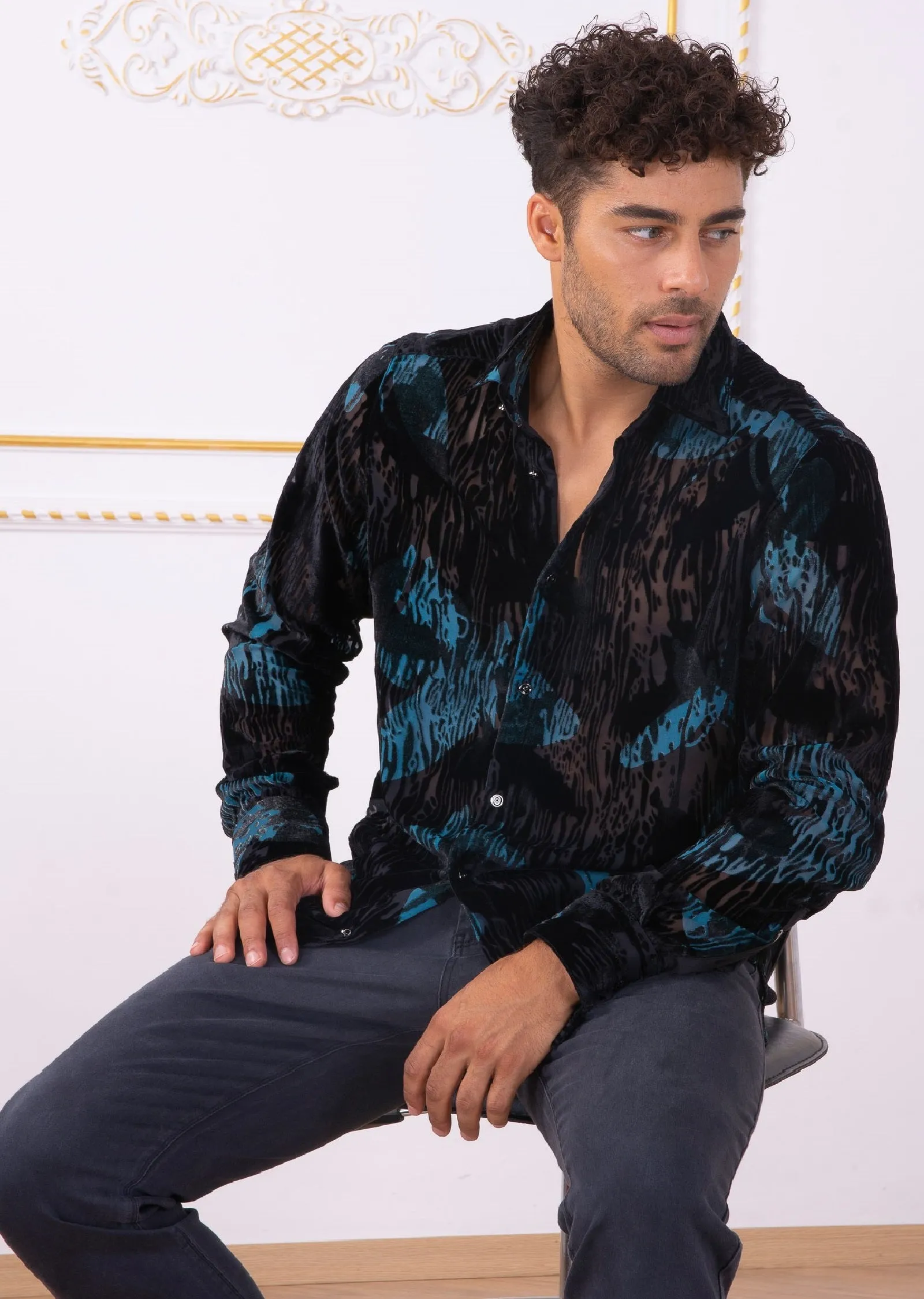 Black Blue Dream Velvet Sheer Shirt