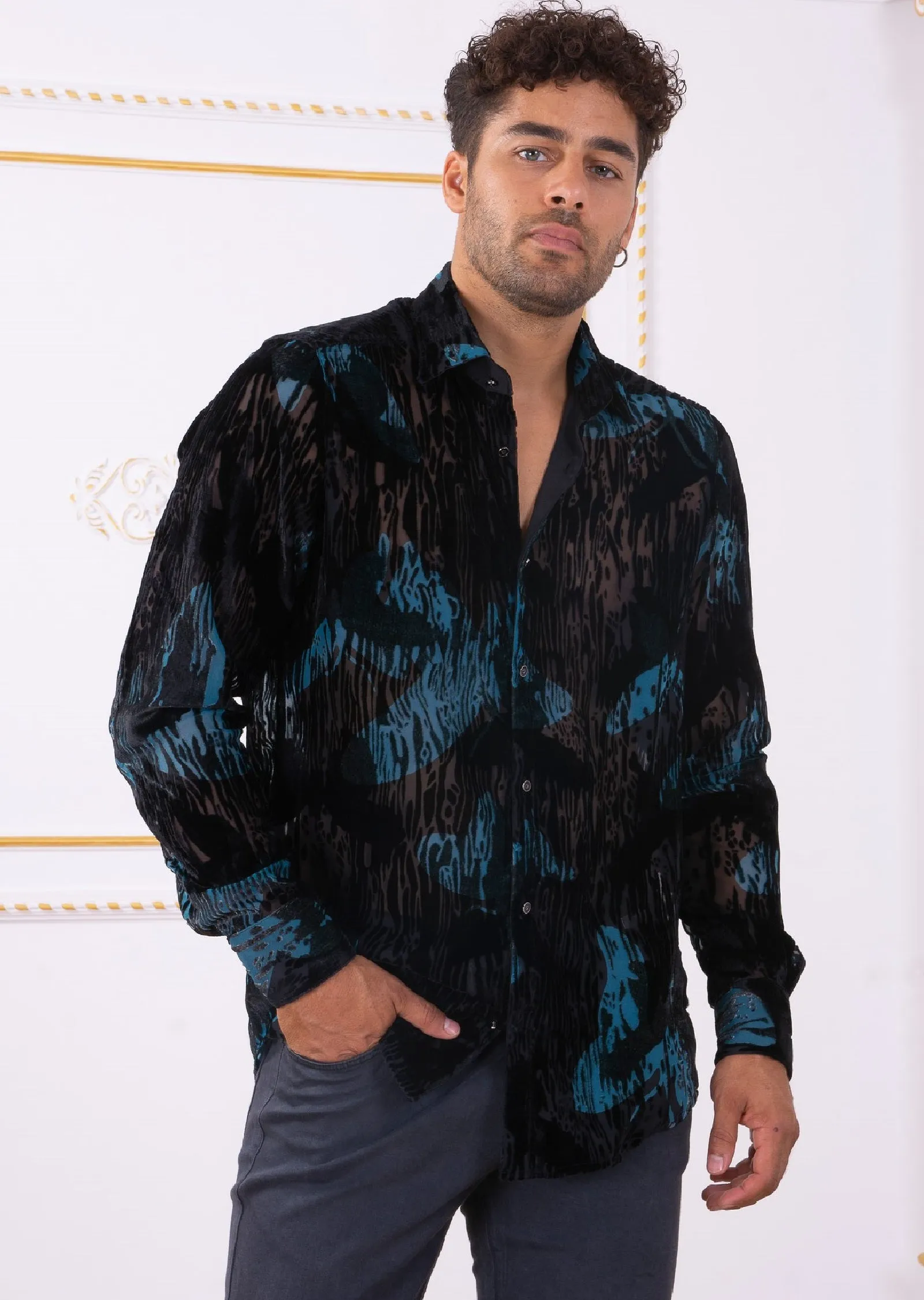 Black Blue Dream Velvet Sheer Shirt