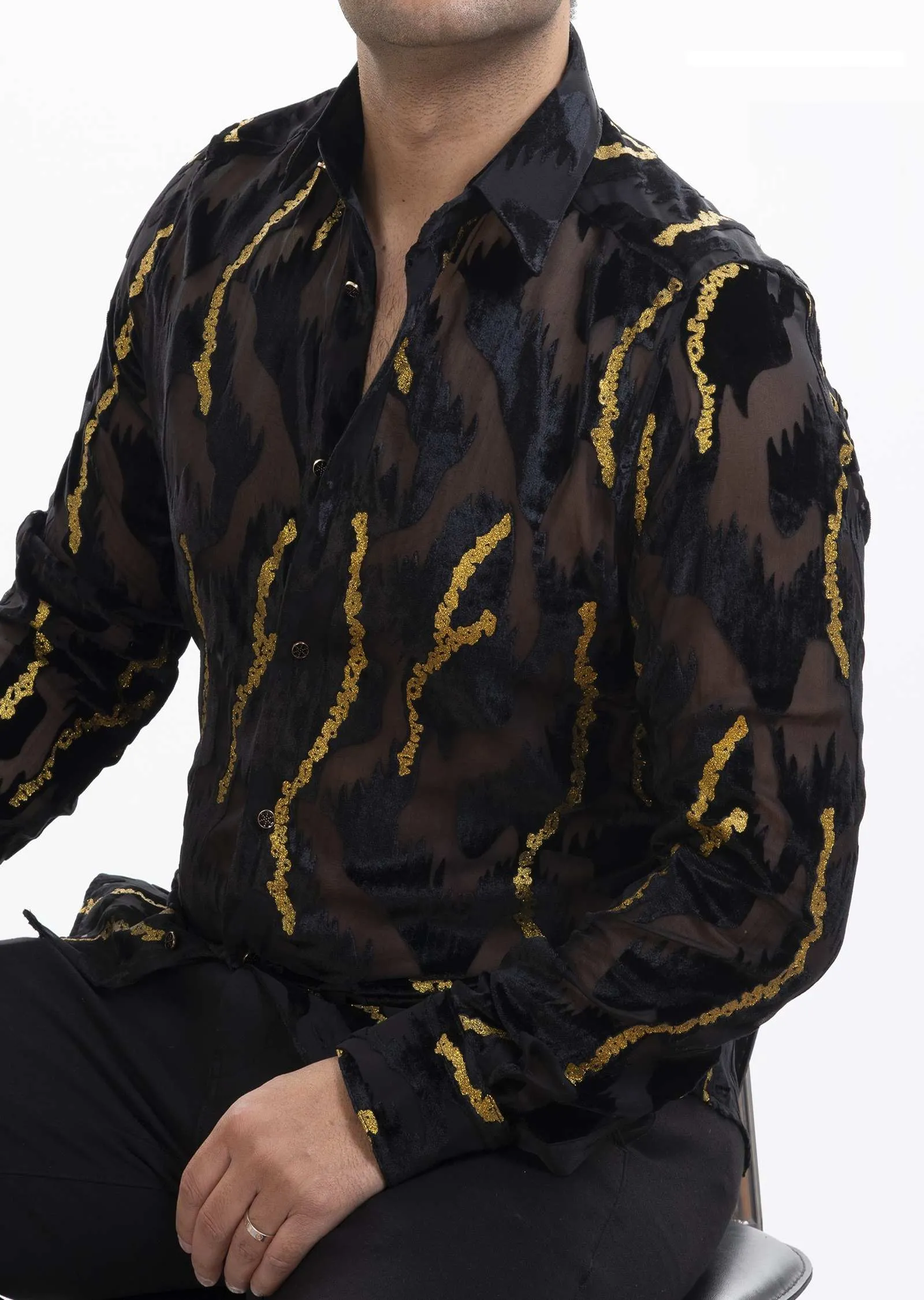 Black Gold Foil Velvet Sheer Shirt