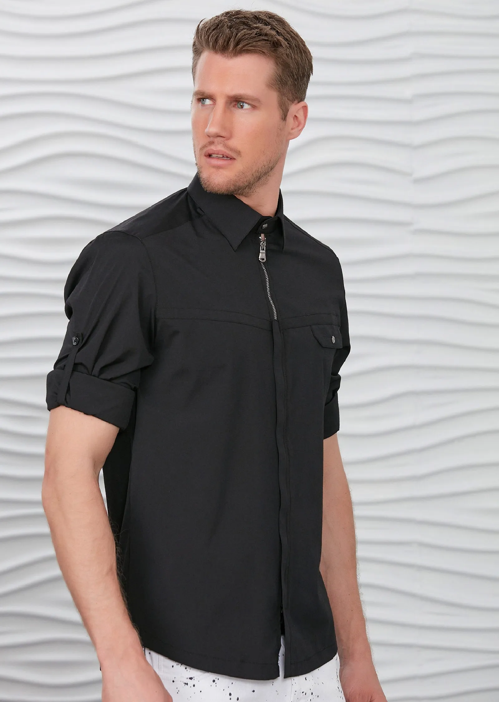 Black "Upwest" Half Placket Zipper Shirt