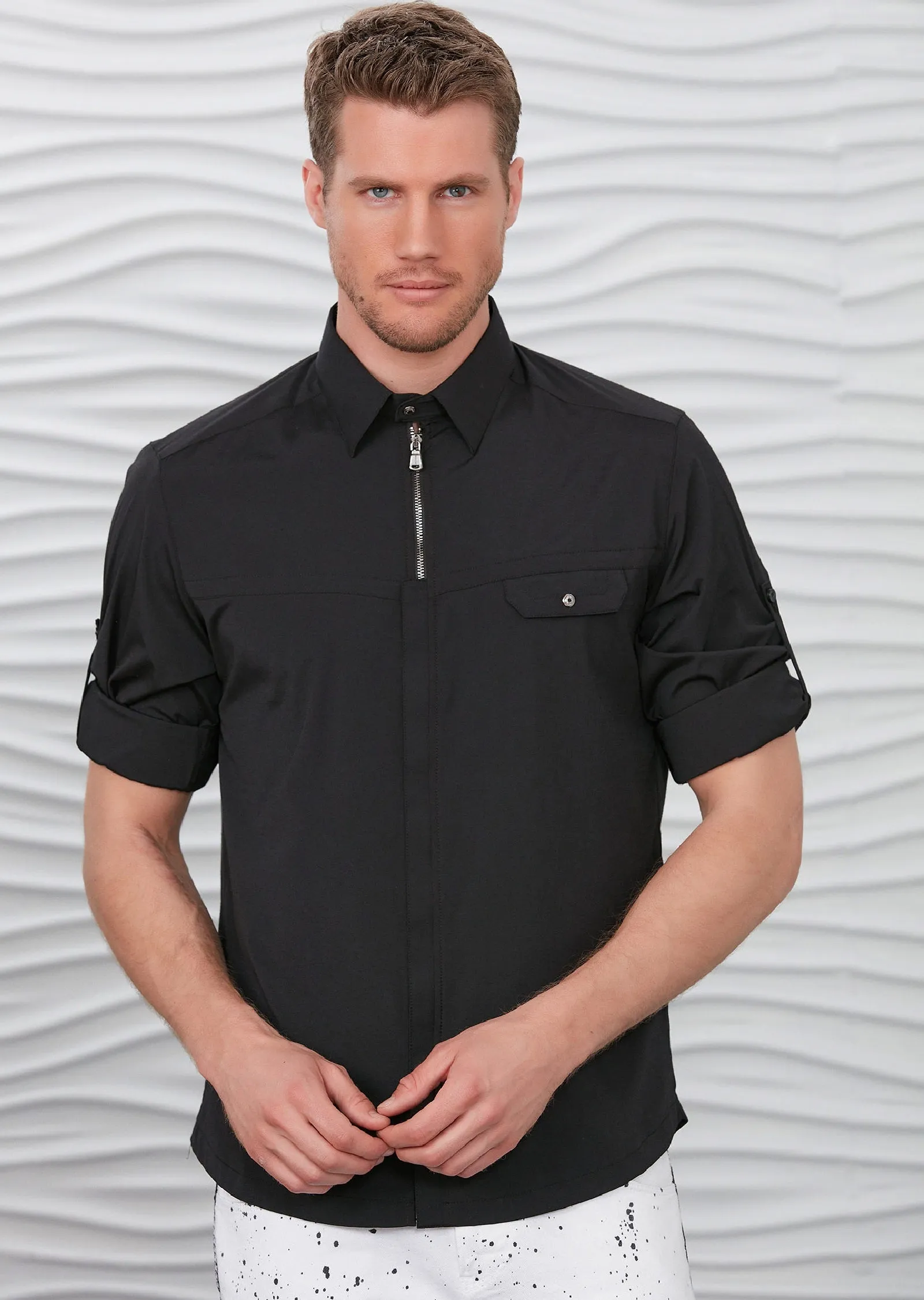 Black "Upwest" Half Placket Zipper Shirt