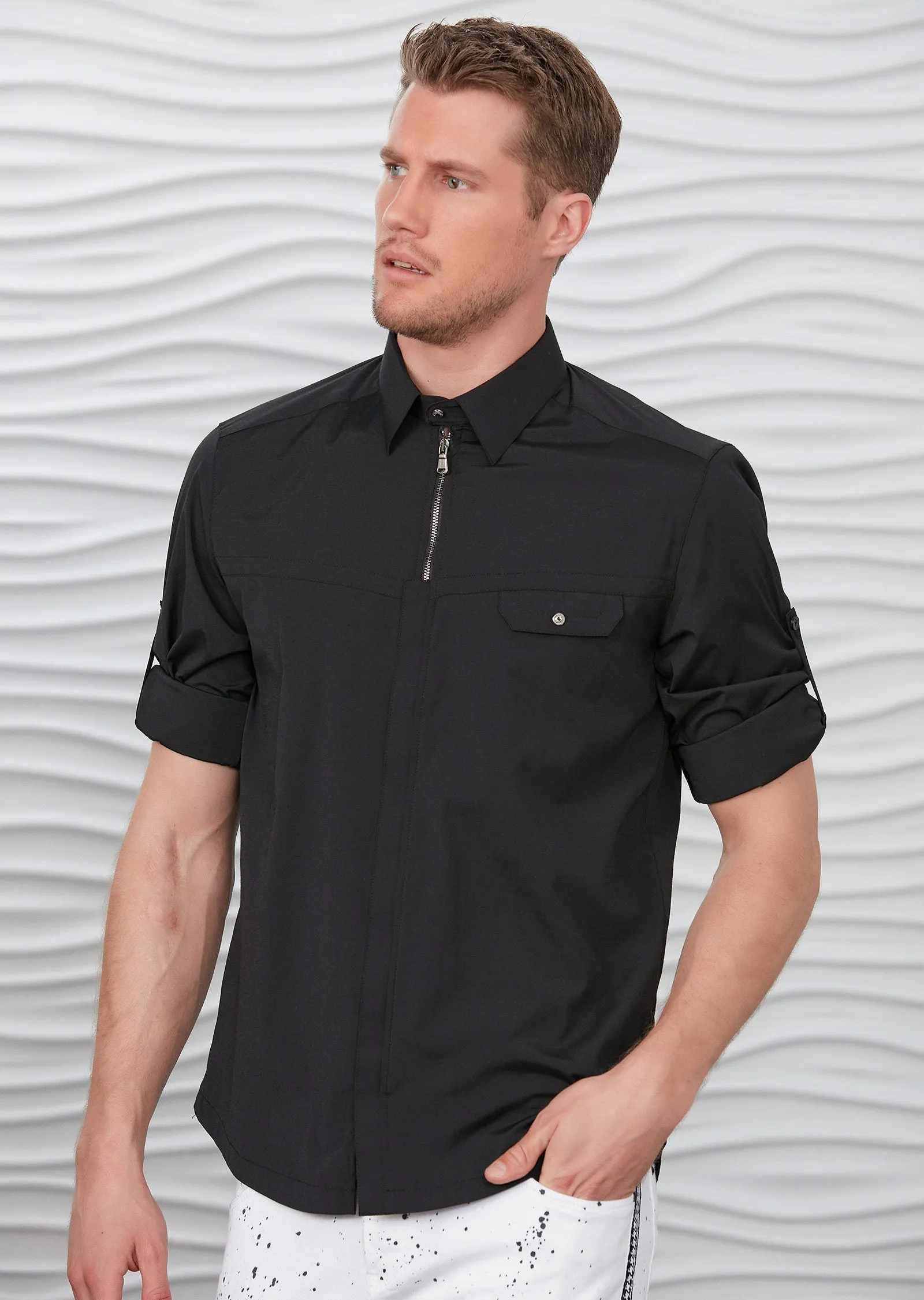 Black "Upwest" Half Placket Zipper Shirt