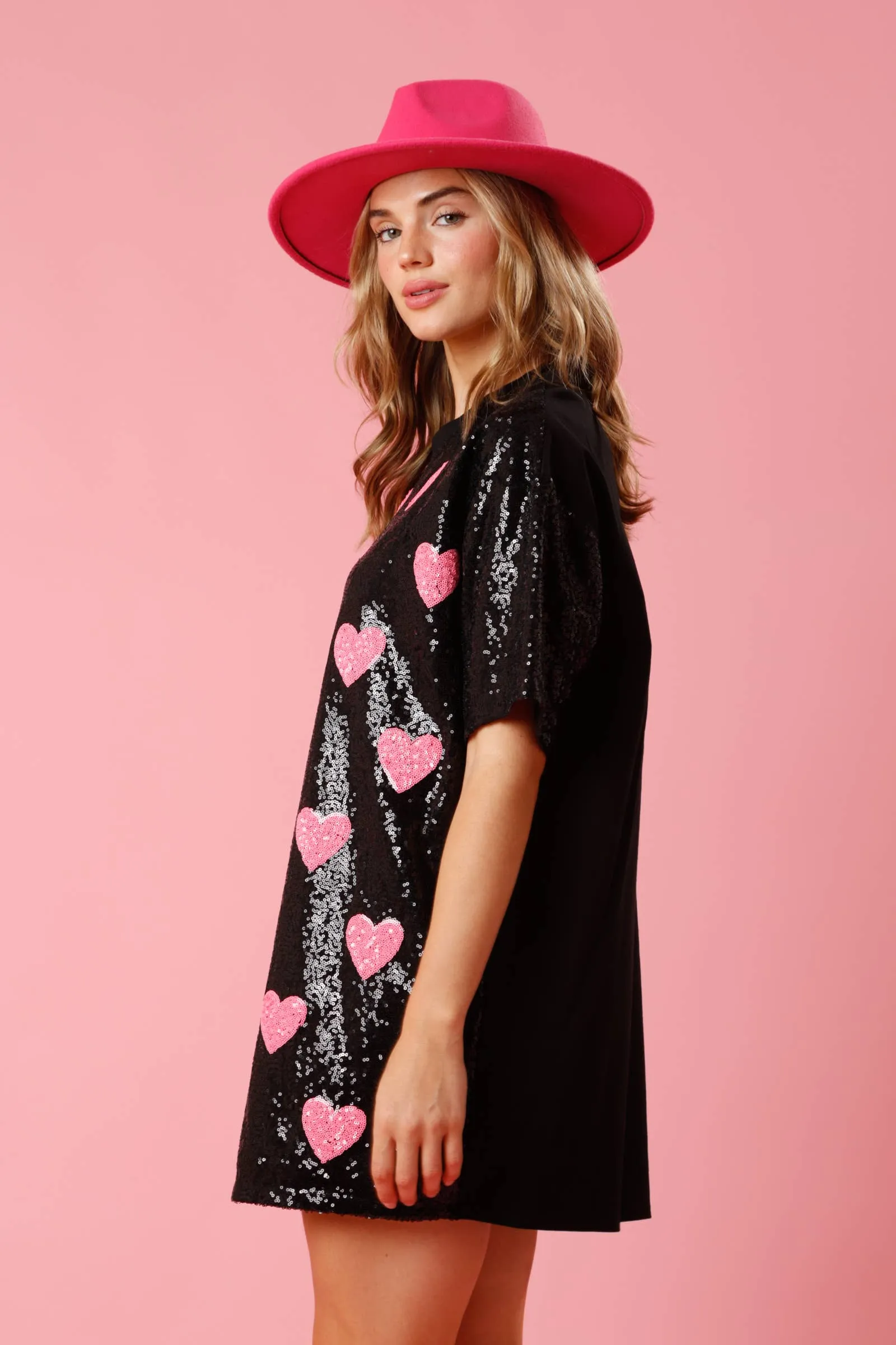 BLACK SEQUINED OVERSIZED SHIRT DRESS WITH PINK HEARTS