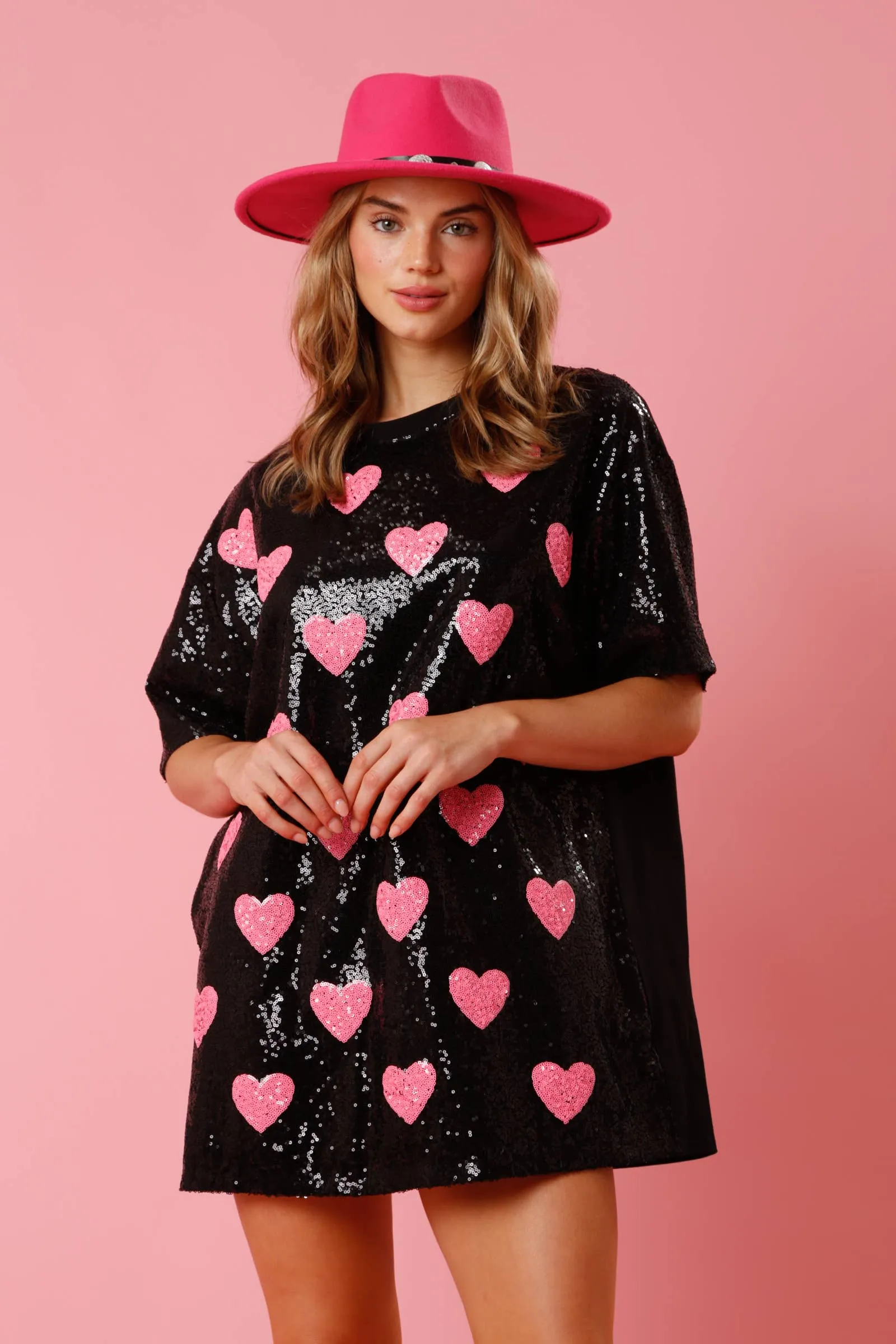 BLACK SEQUINED OVERSIZED SHIRT DRESS WITH PINK HEARTS