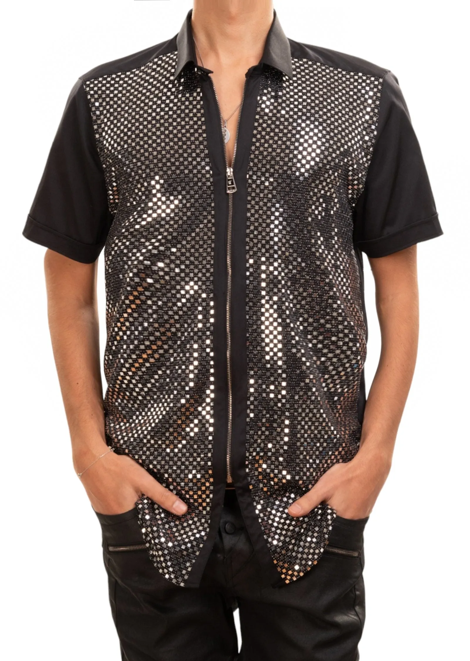 Black Silver Square Sequin Stretch Shirt