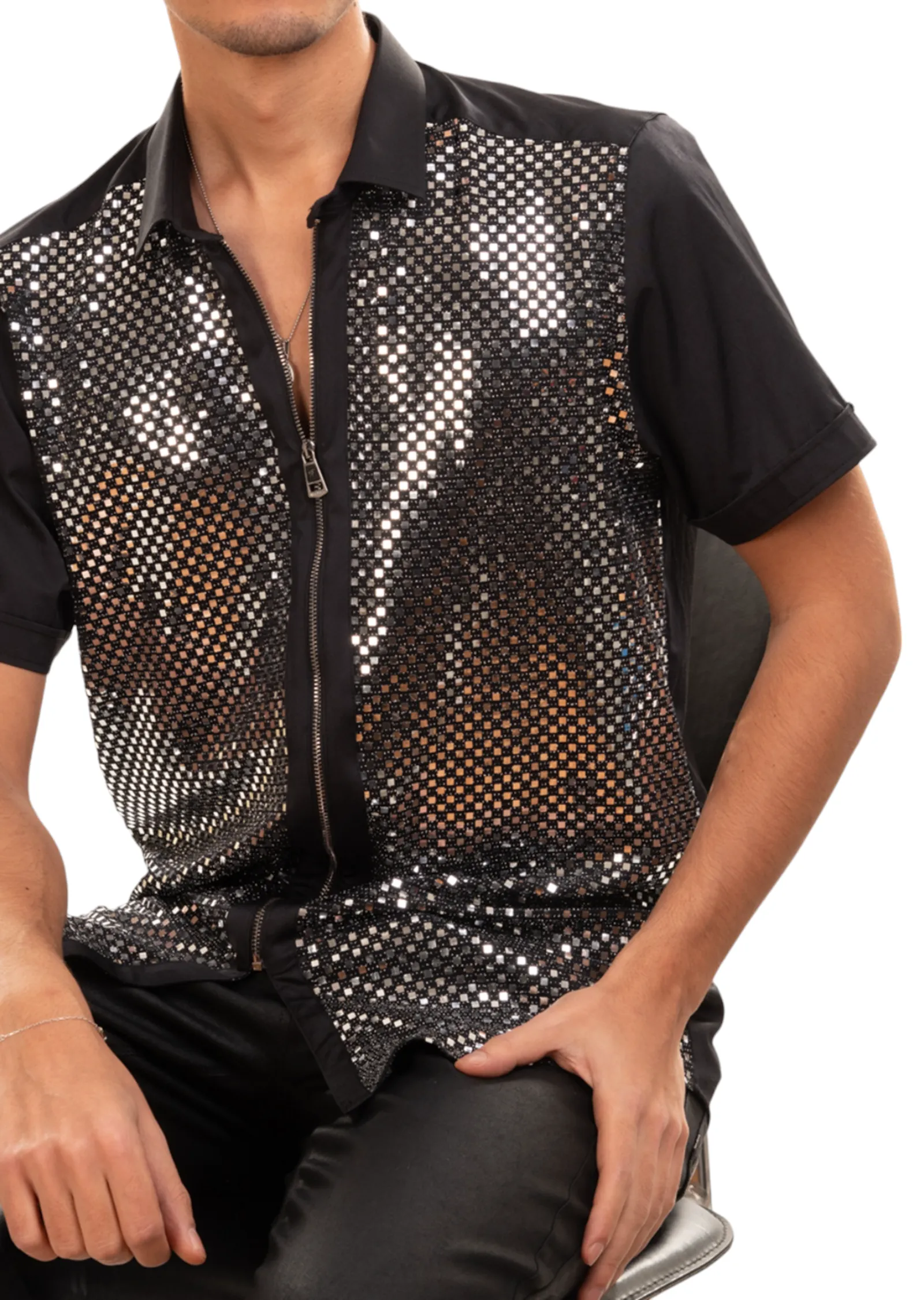 Black Silver Square Sequin Stretch Shirt