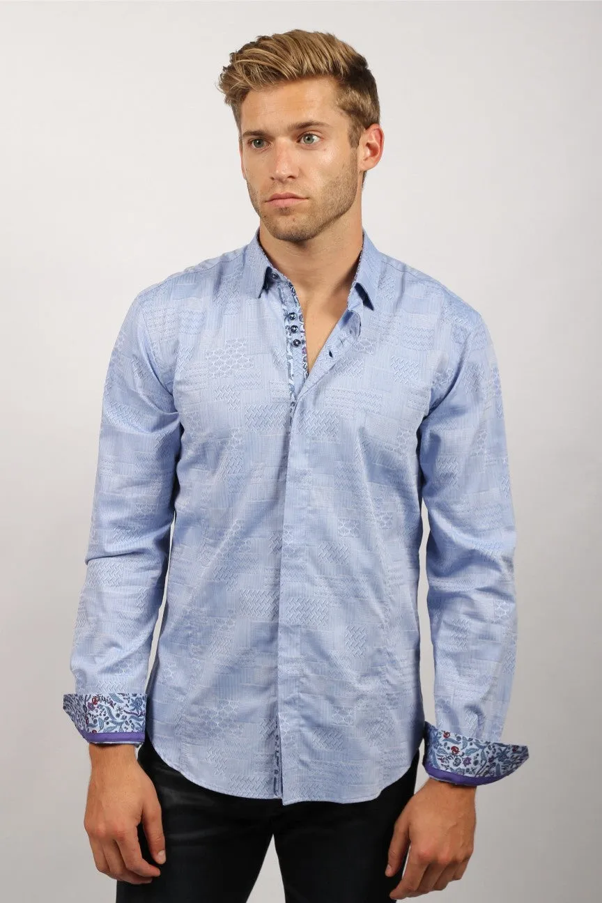 Blue Jacquard Button Down Shirt W/ Colorful Trim