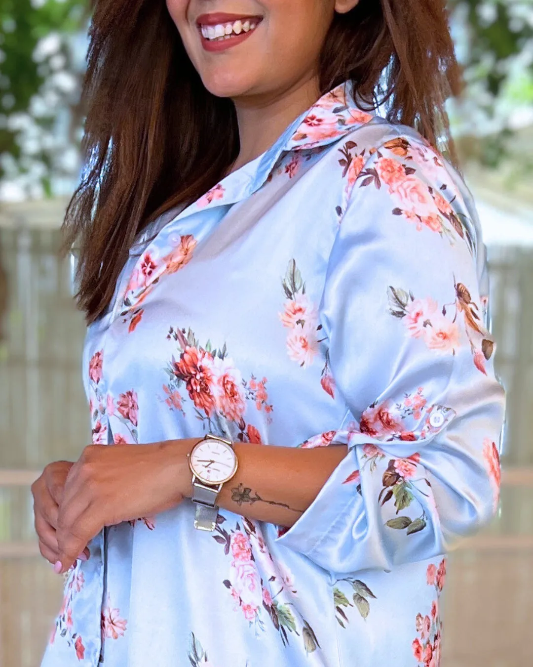 Blue Mist Floral Printed Satin Aline Shirt