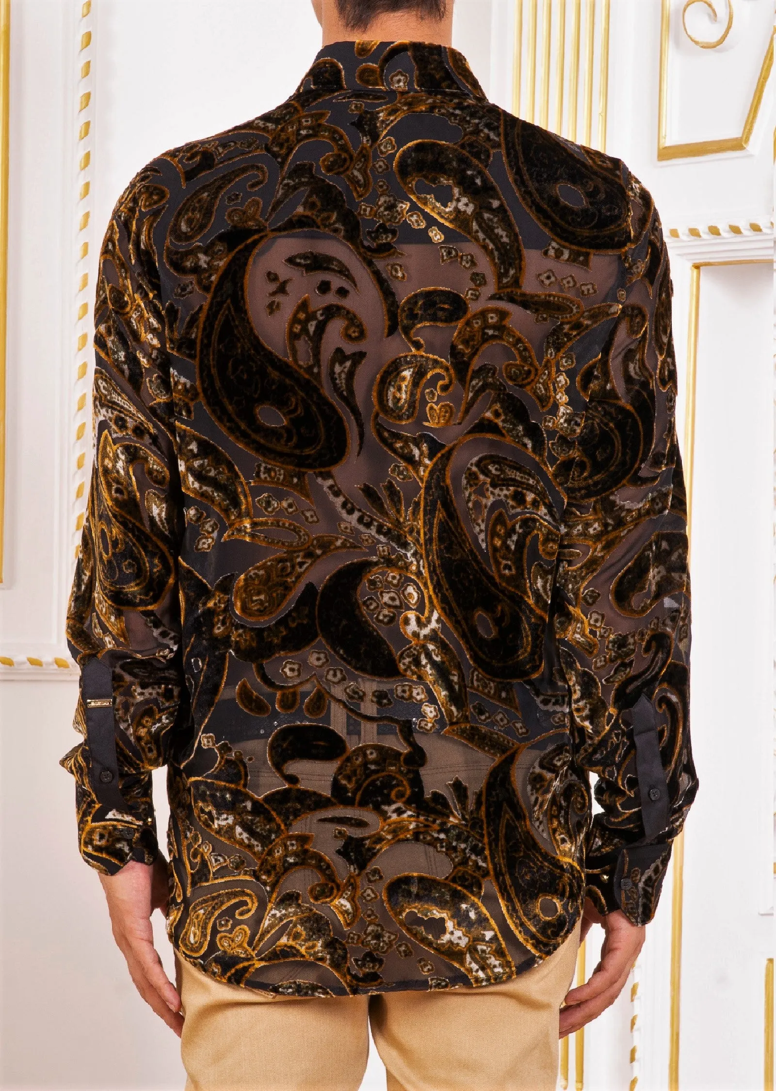 Brown Baroque Velvet Sheer Shirt