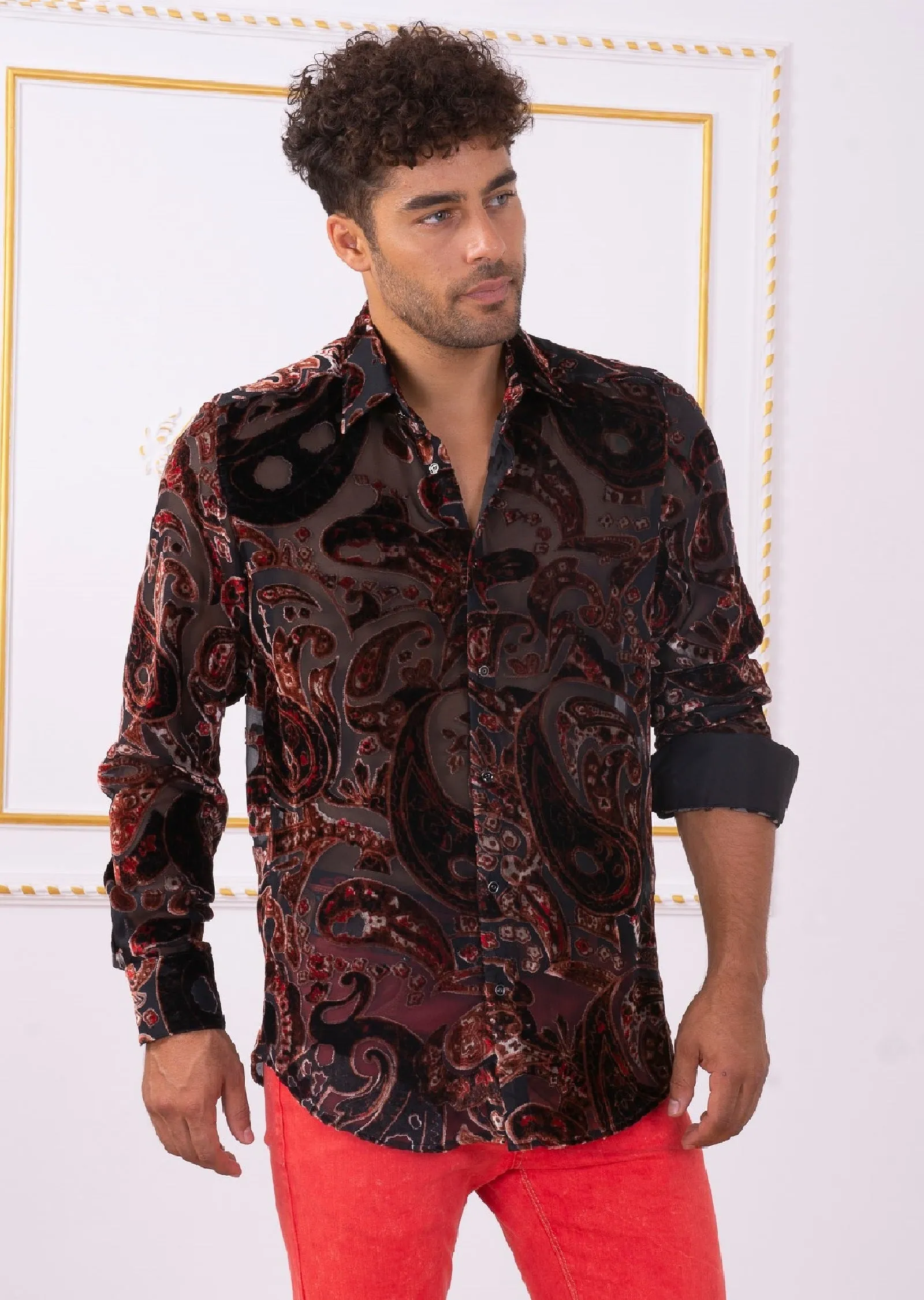 Burgundy Baroque Velvet Sheer Shirt