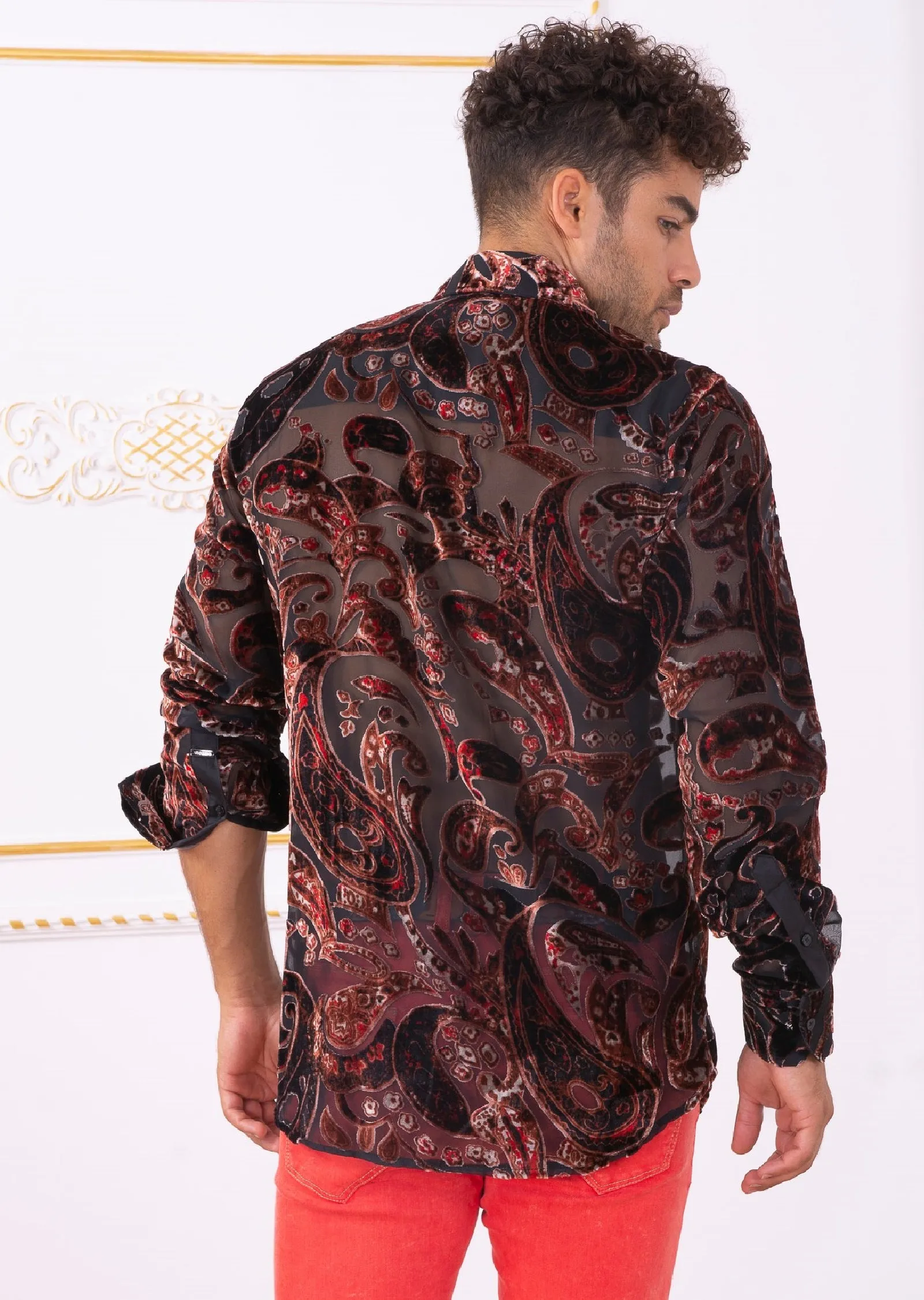 Burgundy Baroque Velvet Sheer Shirt