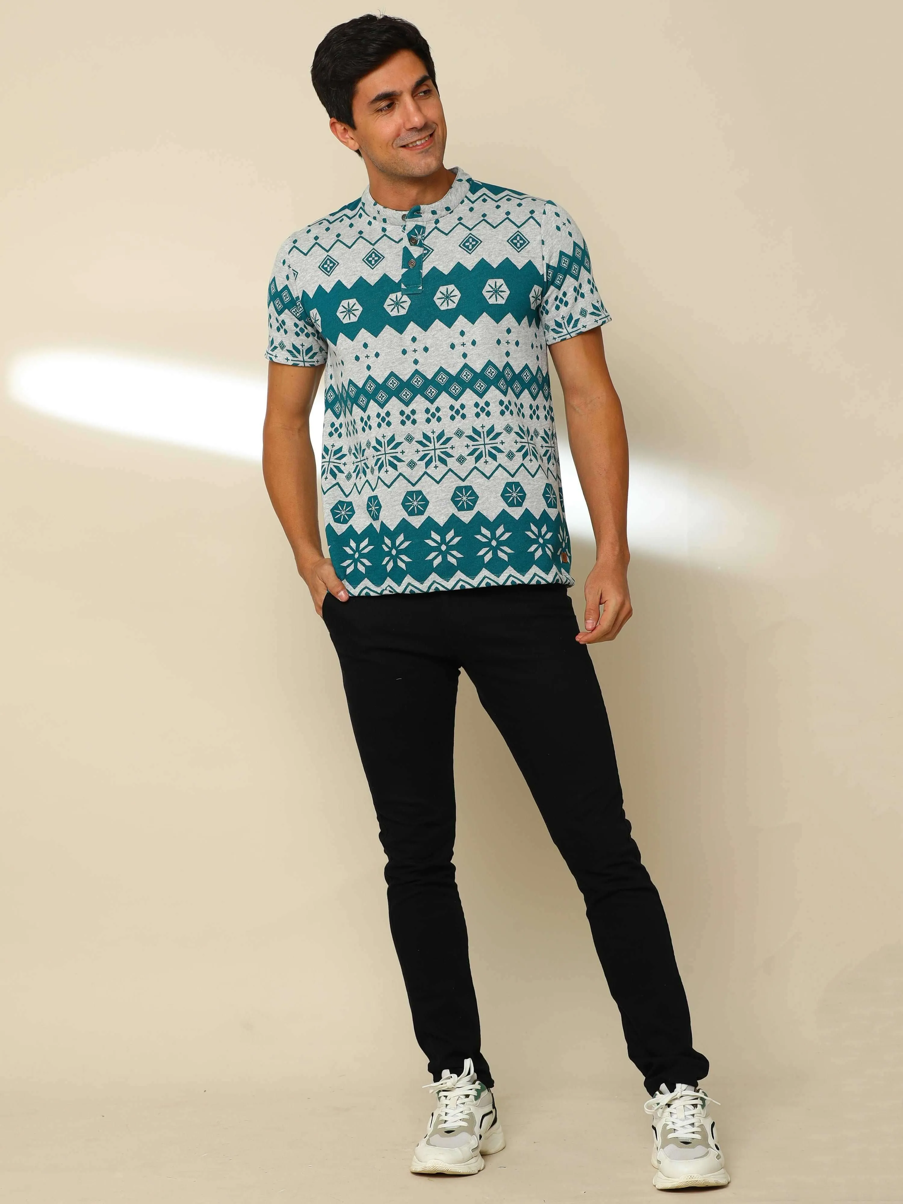 Cambric Henley Neck Printed T Shirt