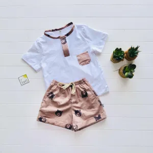 Caper Top & Shorts in White Stretch and Teddy Bear Print