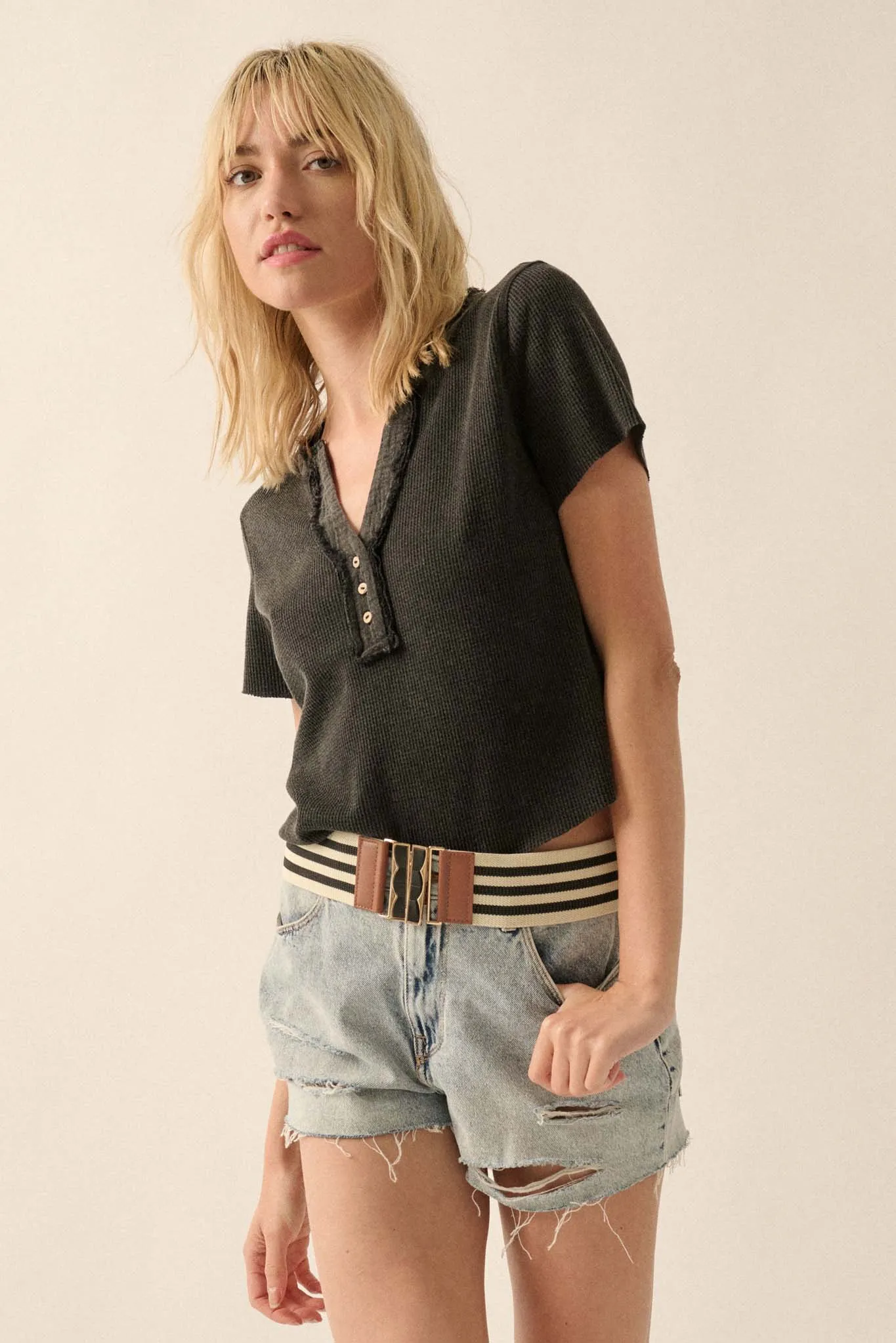 Casually Cool Waffle Knit Raw-Edge Henley Tee