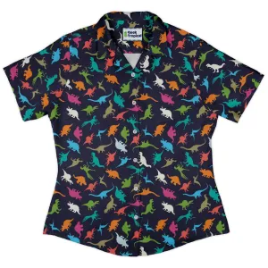 Colorful Dinosaur Silhouettes Navy Curvy Button Up Shirt