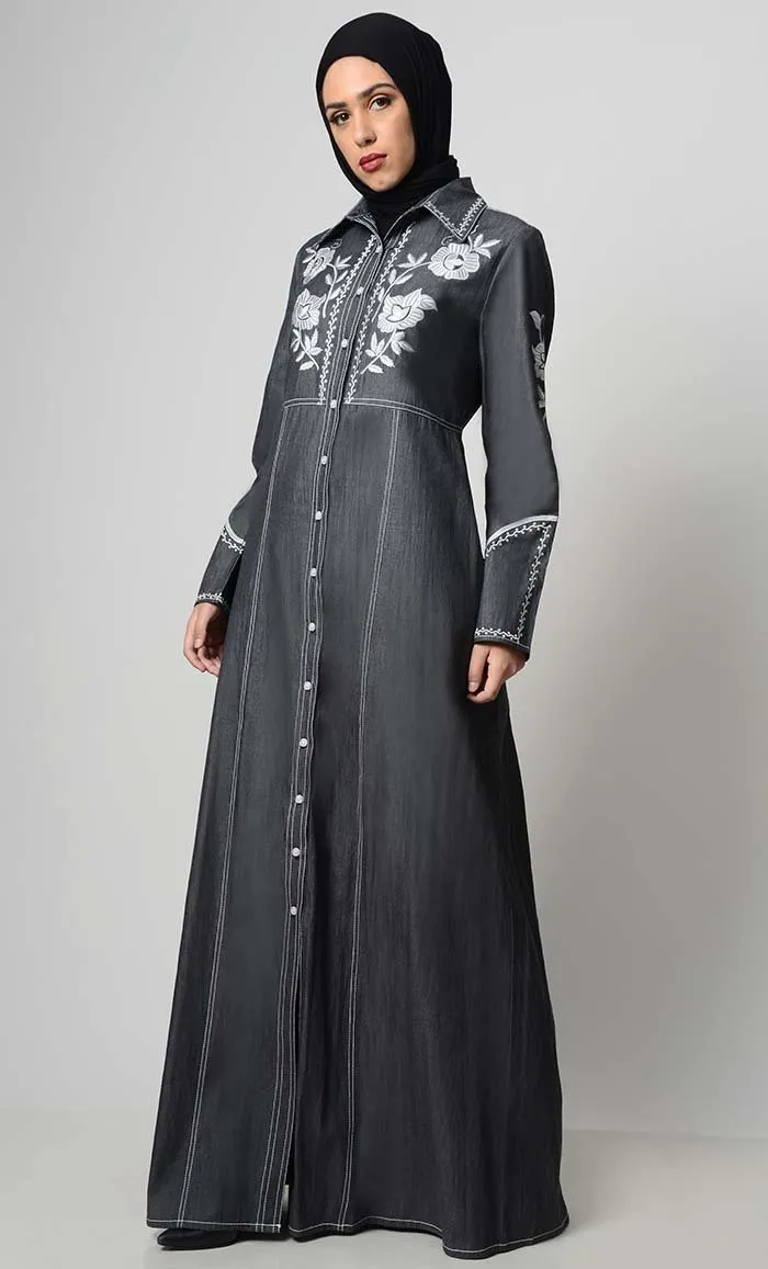 Contrast Embroidered Denim Abaya - Final Sale