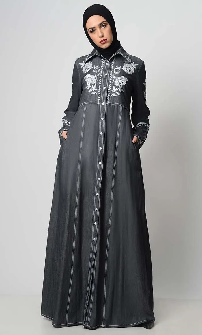 Contrast Embroidered Denim Abaya - Final Sale