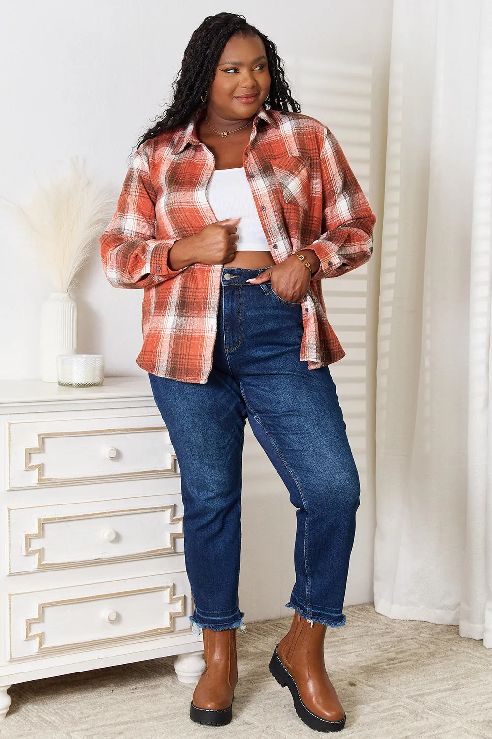 Double Take Plaid Collared Neck Long Sleeve Shirt | Classic & Timeless Staple