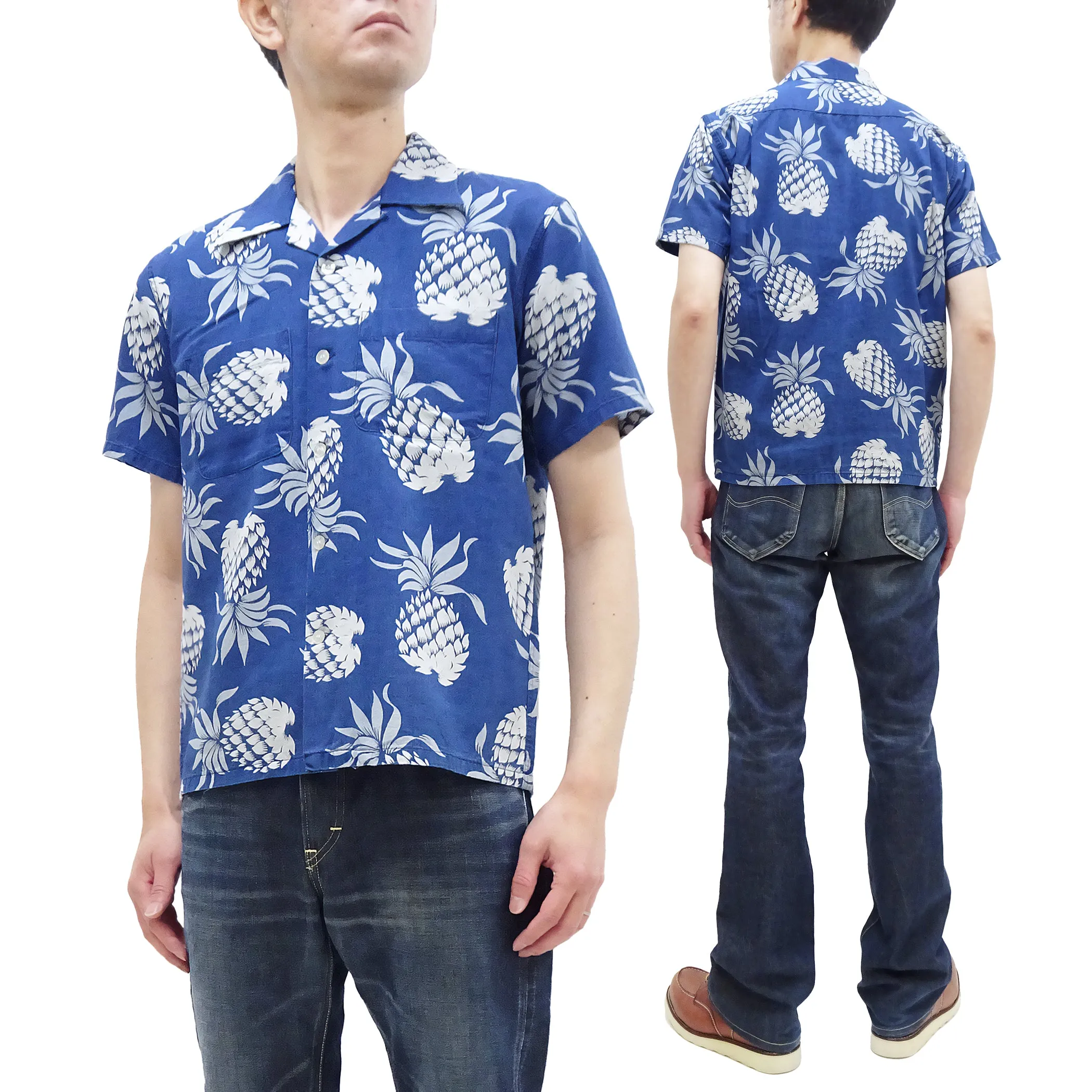 Duke Kahanamoku Hawaiian Shirt Men's Duke's Pineapple Short Sleeve Indigo Cotton Aloha Shirt DK39045 128 Navy-Blue