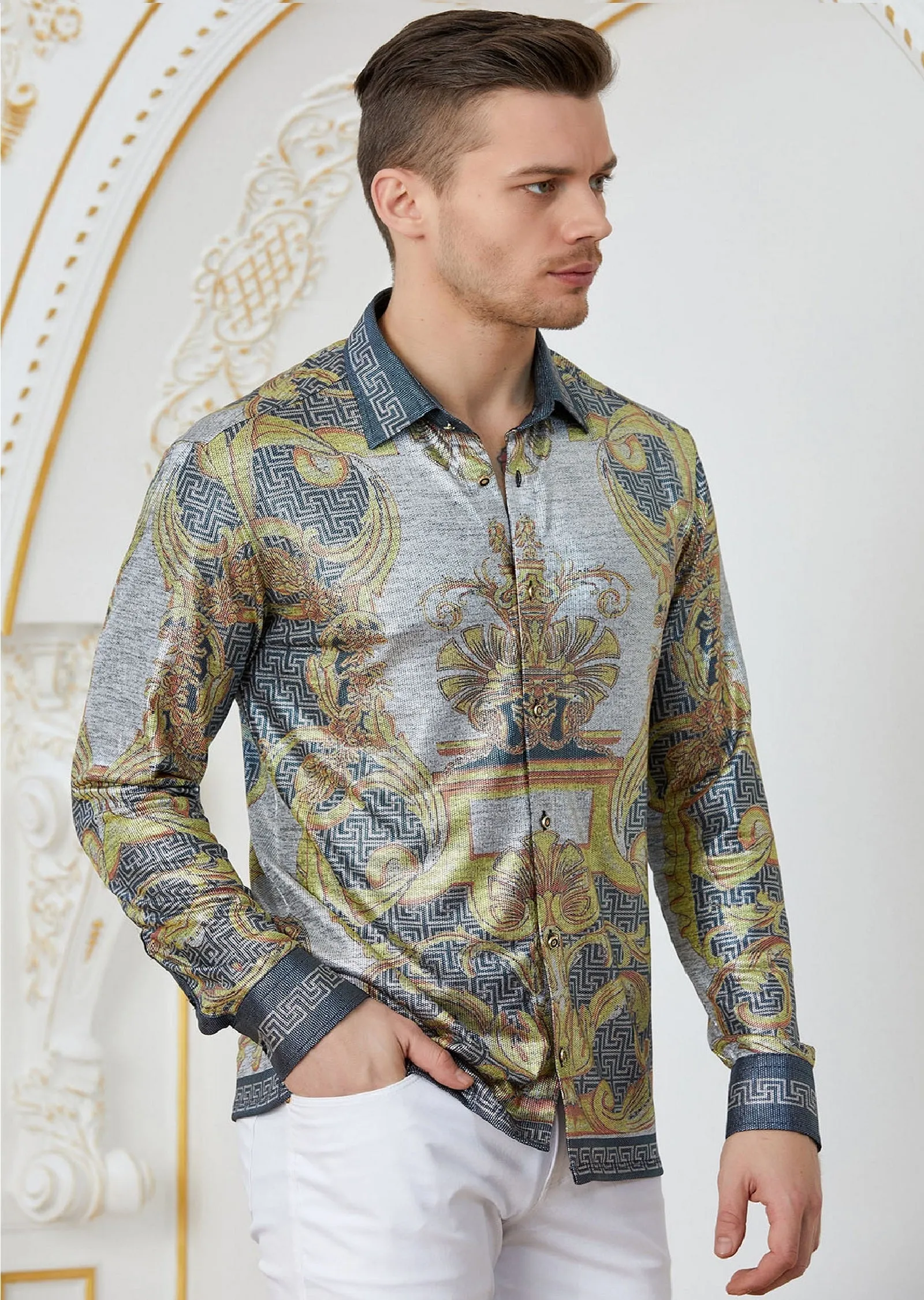 Gold Silver Baroque Print Shirt