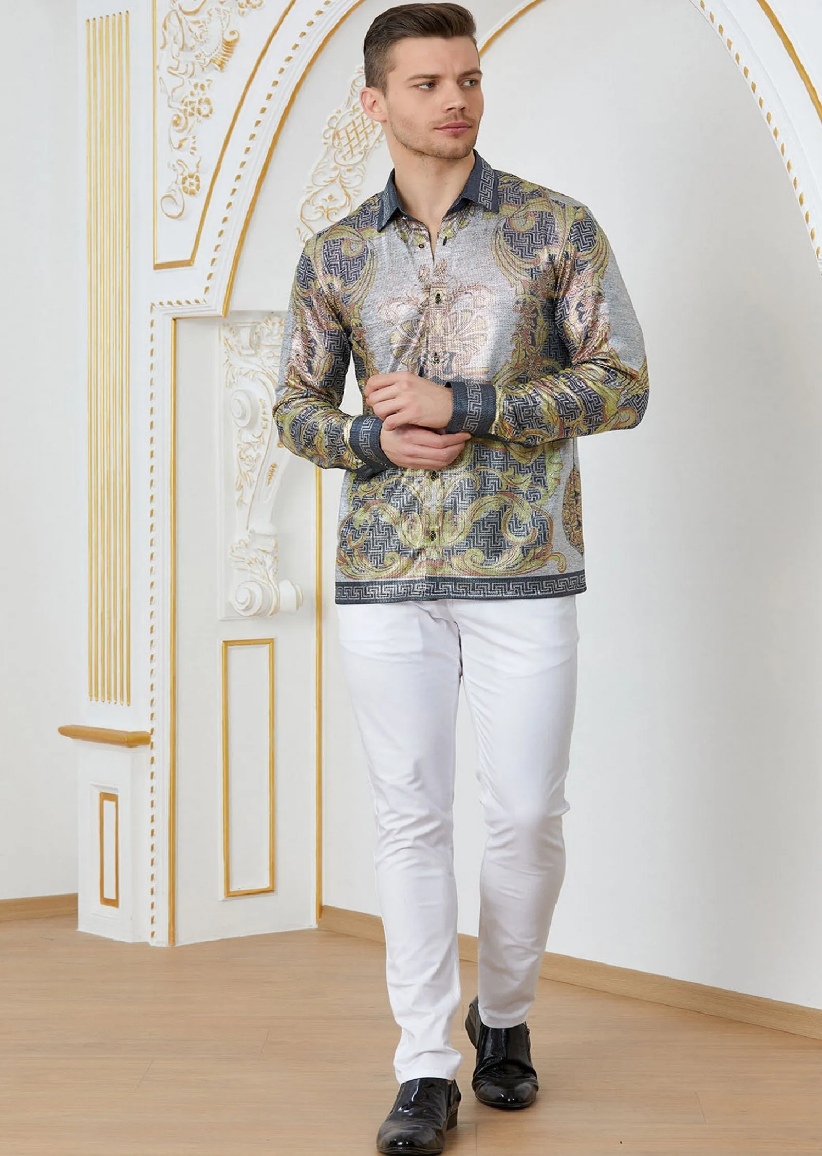 Gold Silver Baroque Print Shirt