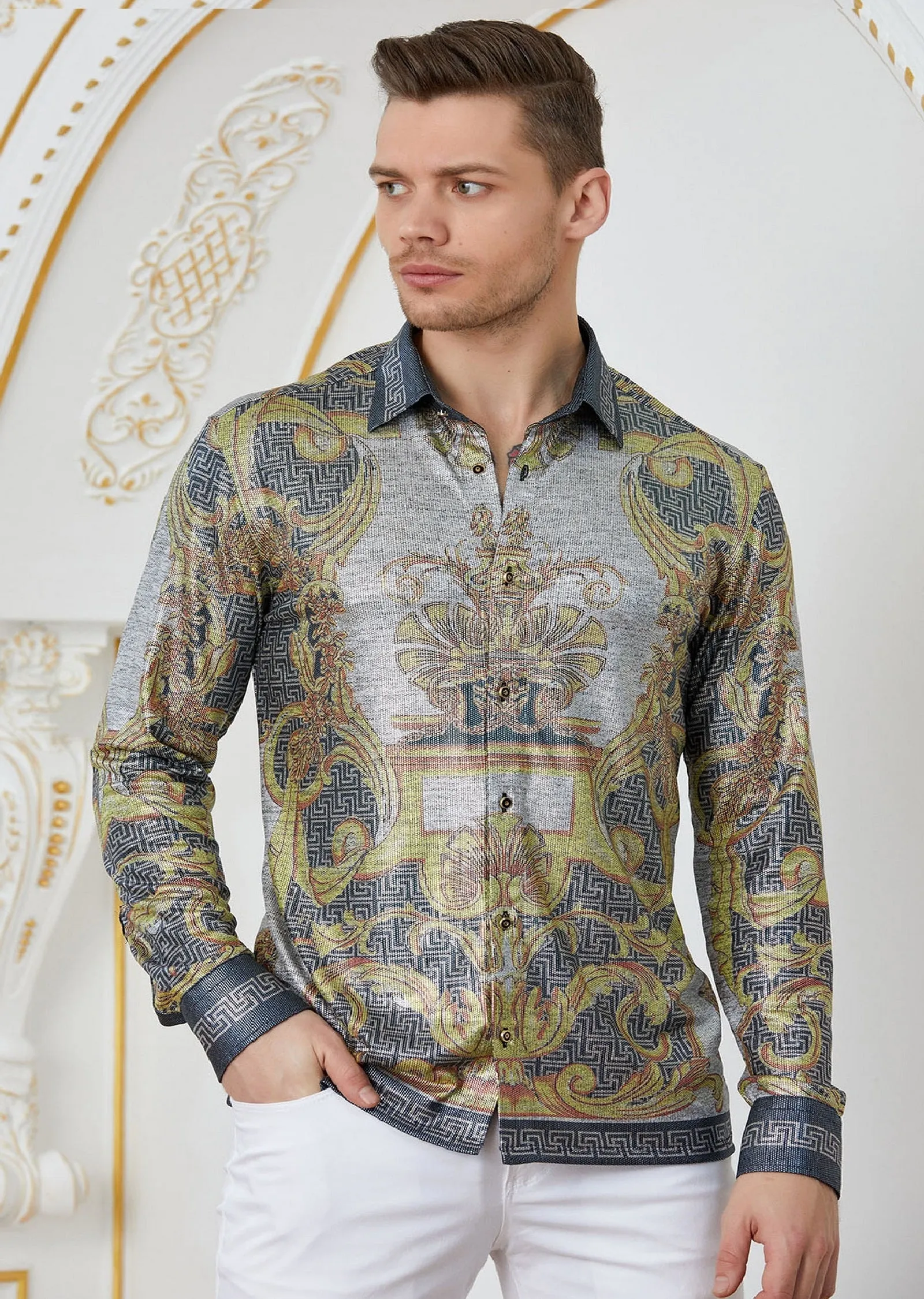 Gold Silver Baroque Print Shirt