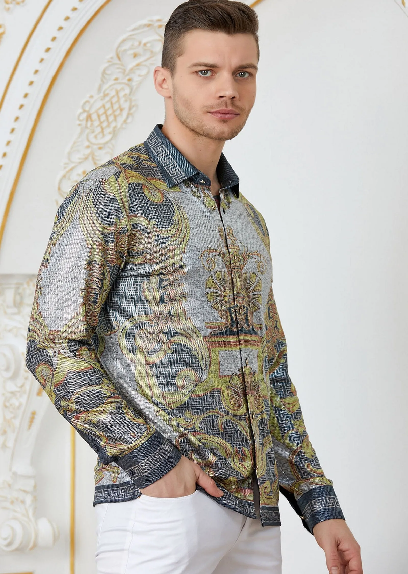 Gold Silver Baroque Print Shirt