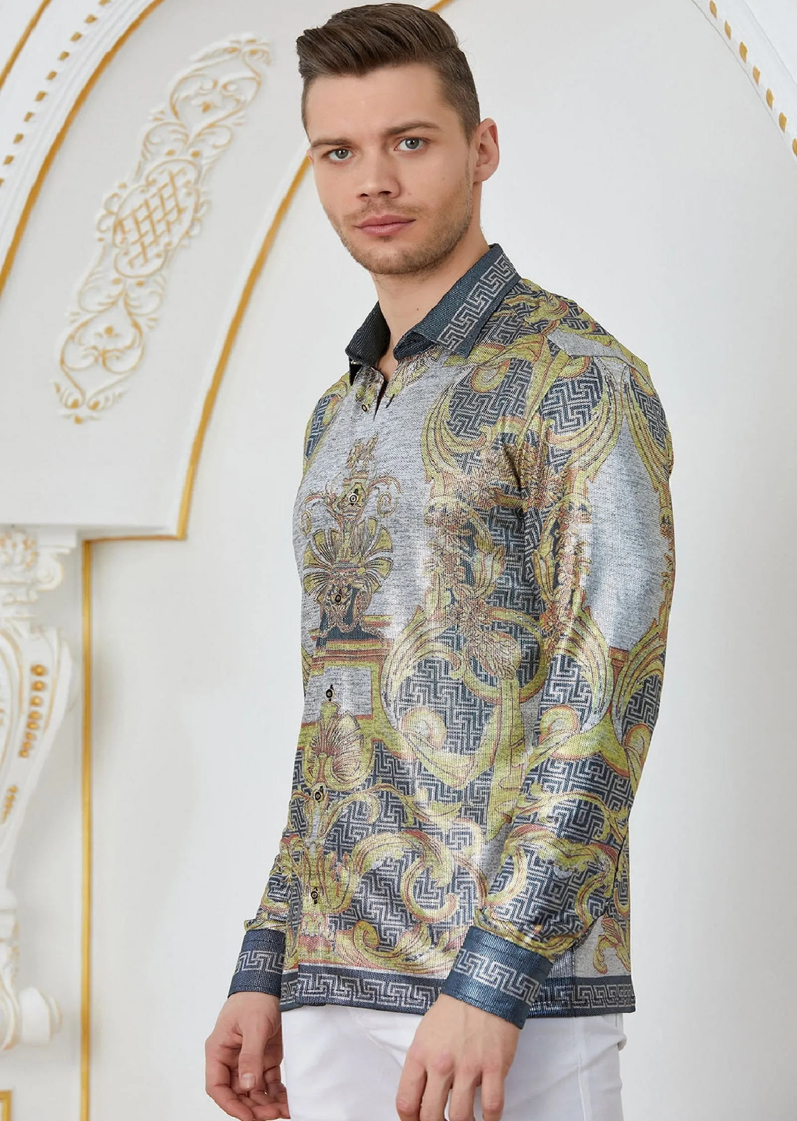 Gold Silver Baroque Print Shirt