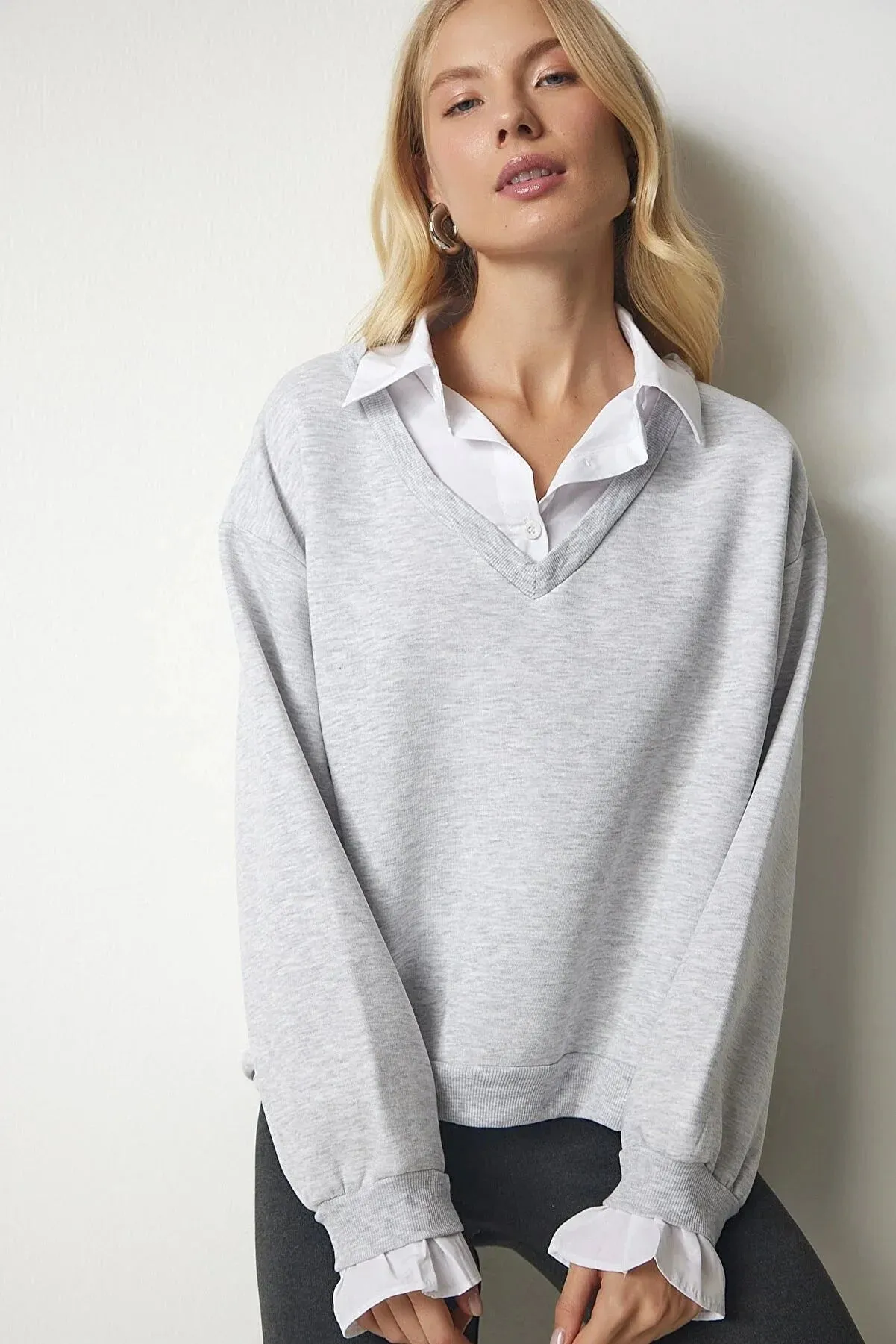 Gray Shirt Detailed Knitted Sweatshirt