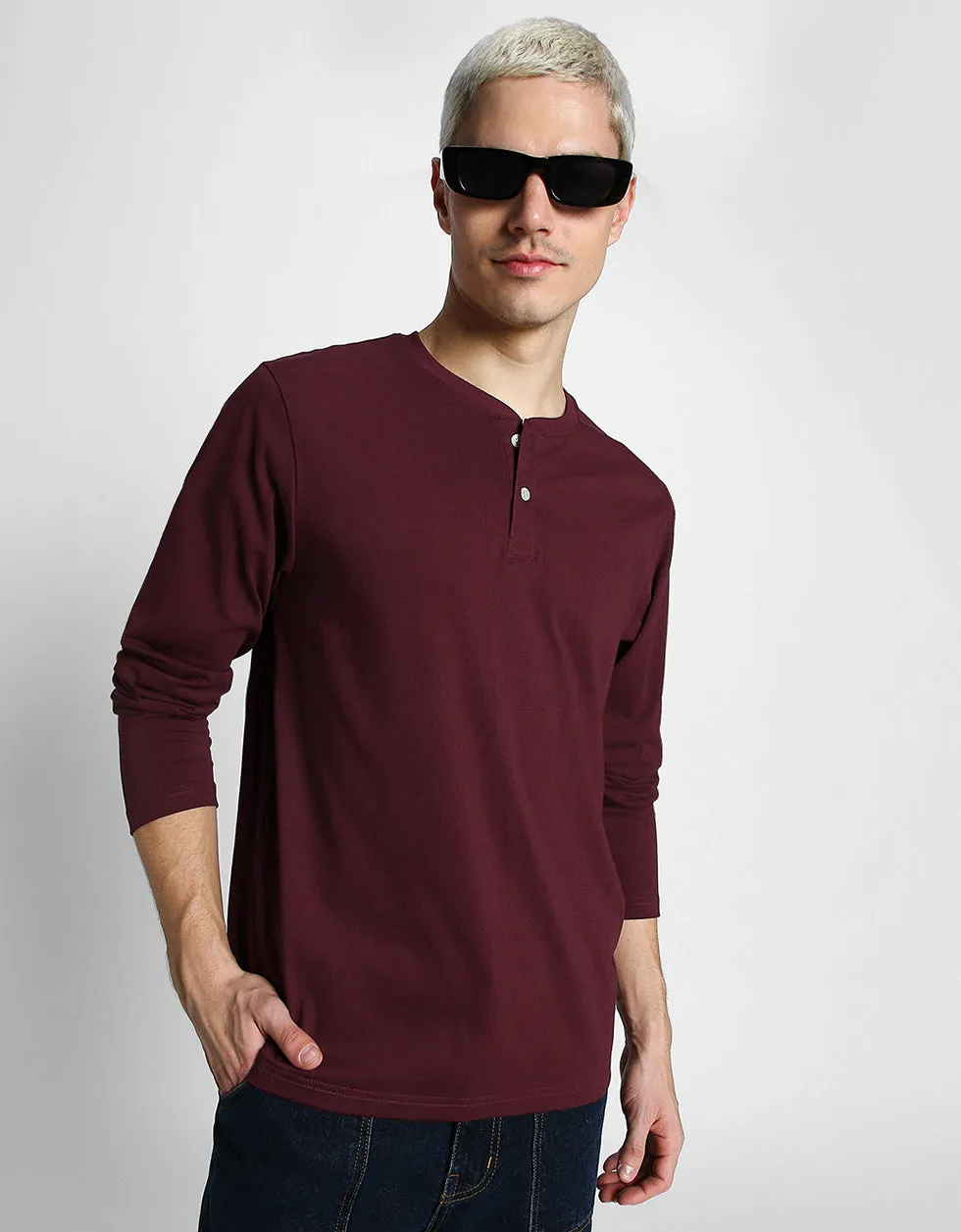 Henley Maroon Solid Tshirt