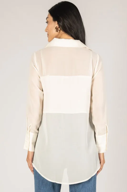 Hollis Pearl Embellished Satin Button Up Shirt Ivory