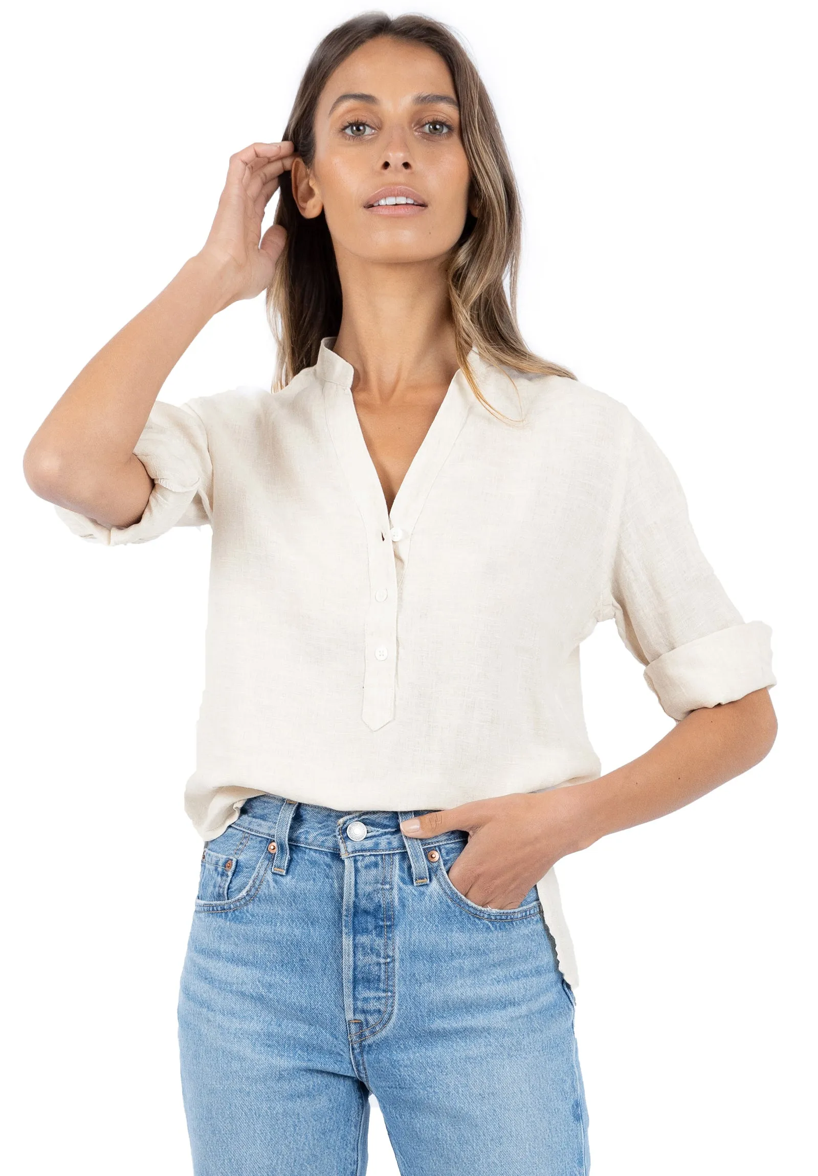 Kim, Oat Pop-Over Linen Tunic Shirt