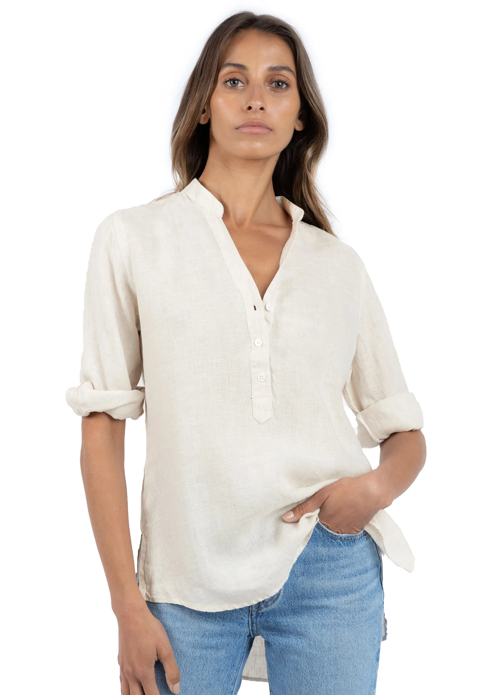 Kim, Oat Pop-Over Linen Tunic Shirt