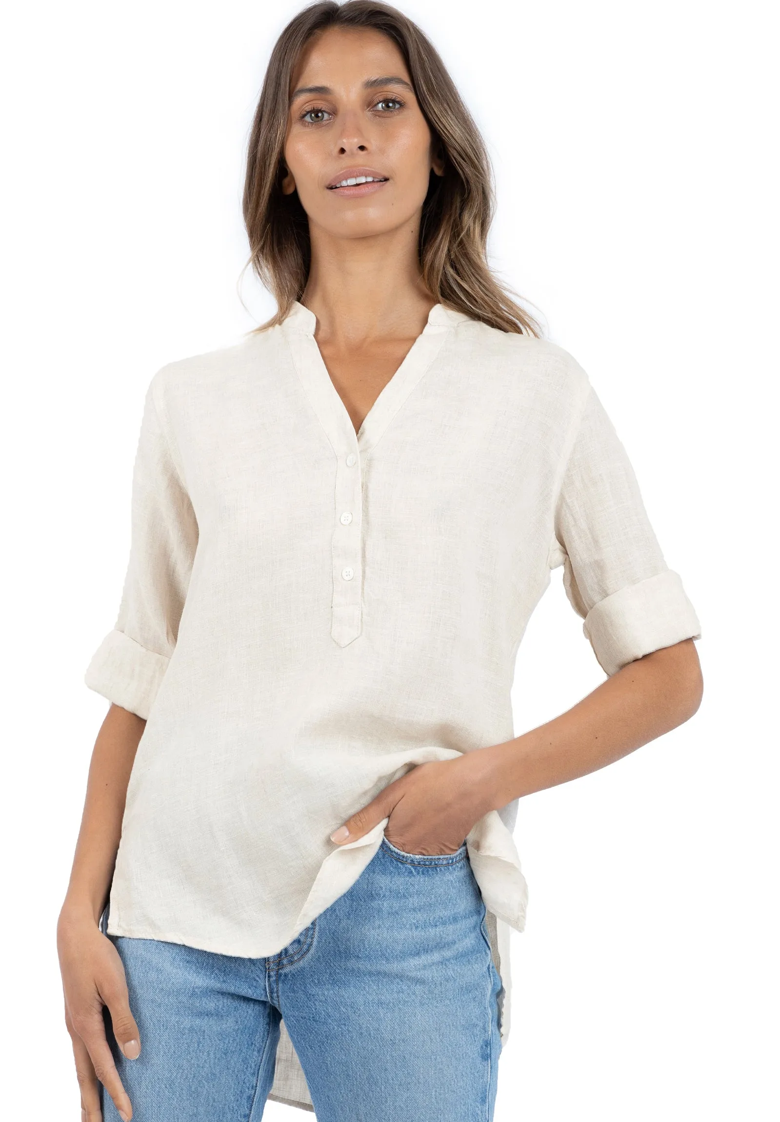 Kim, Oat Pop-Over Linen Tunic Shirt