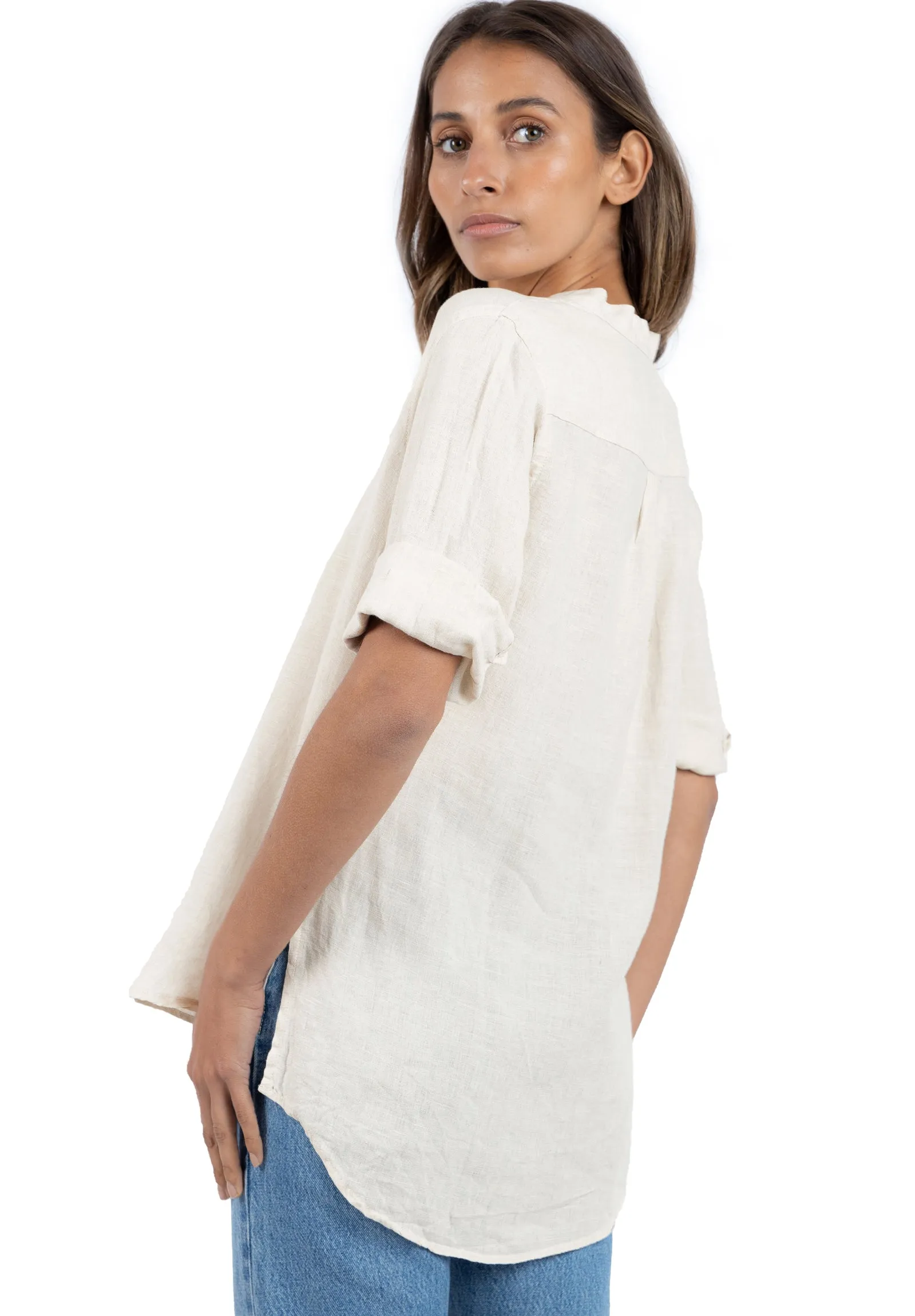 Kim, Oat Pop-Over Linen Tunic Shirt