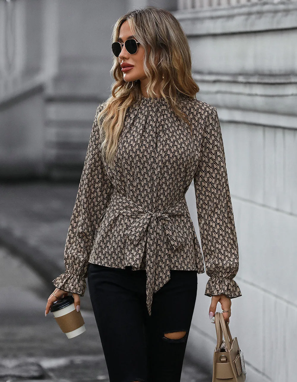 Leopard Print Belted Long Sleeve Slim Fit Shirt