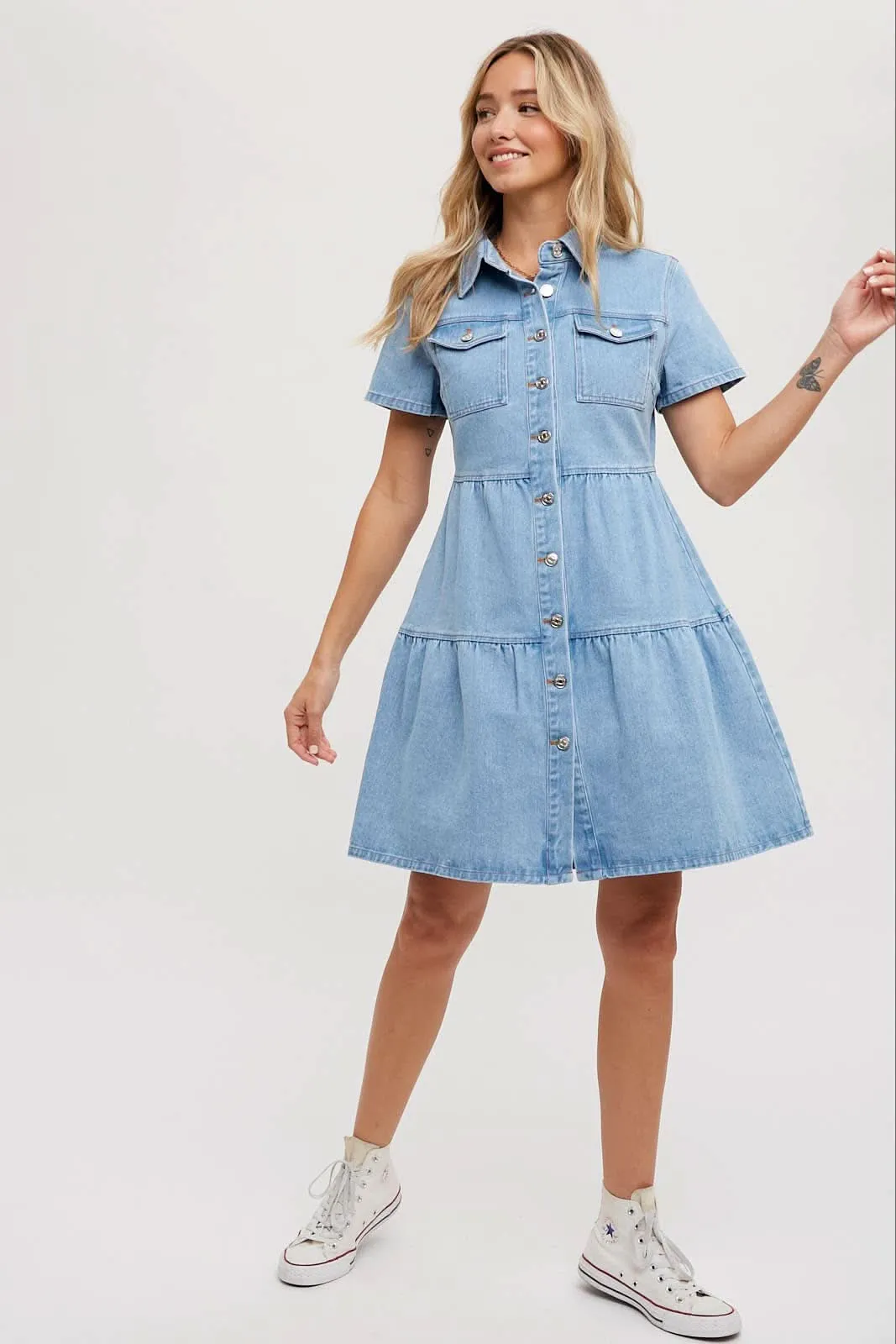 Light Wash Denim Tired Button Front Shirt Dress