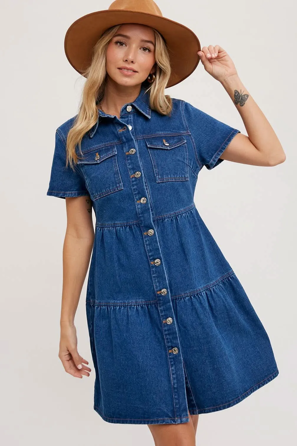 Light Wash Denim Tired Button Front Shirt Dress