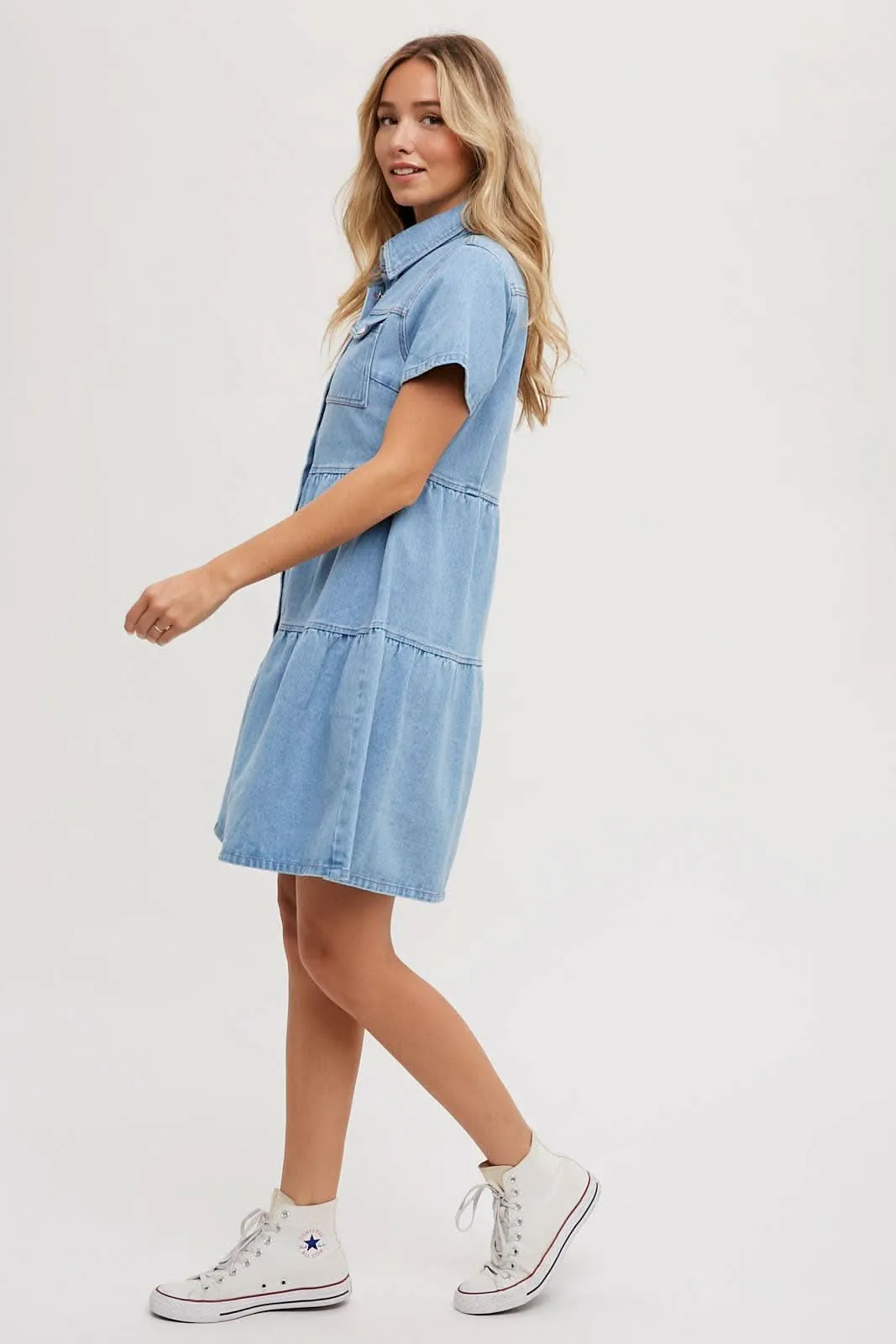 Light Wash Denim Tired Button Front Shirt Dress