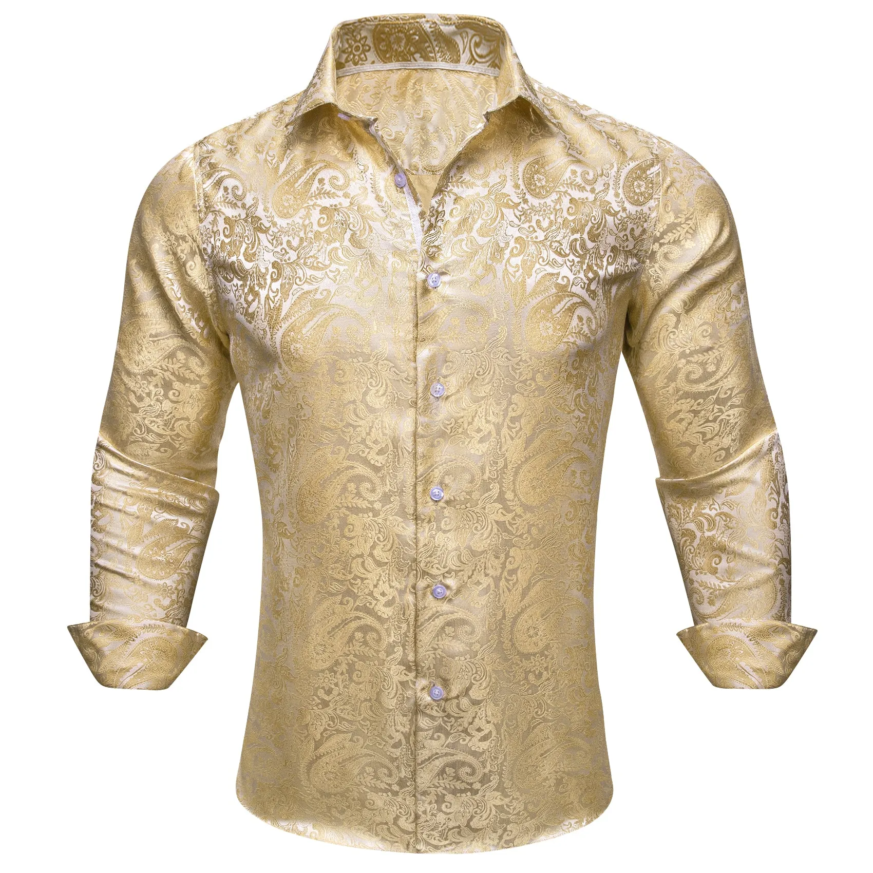 Light Yellow Paisley Silk Men's Long Sleeve Shirt